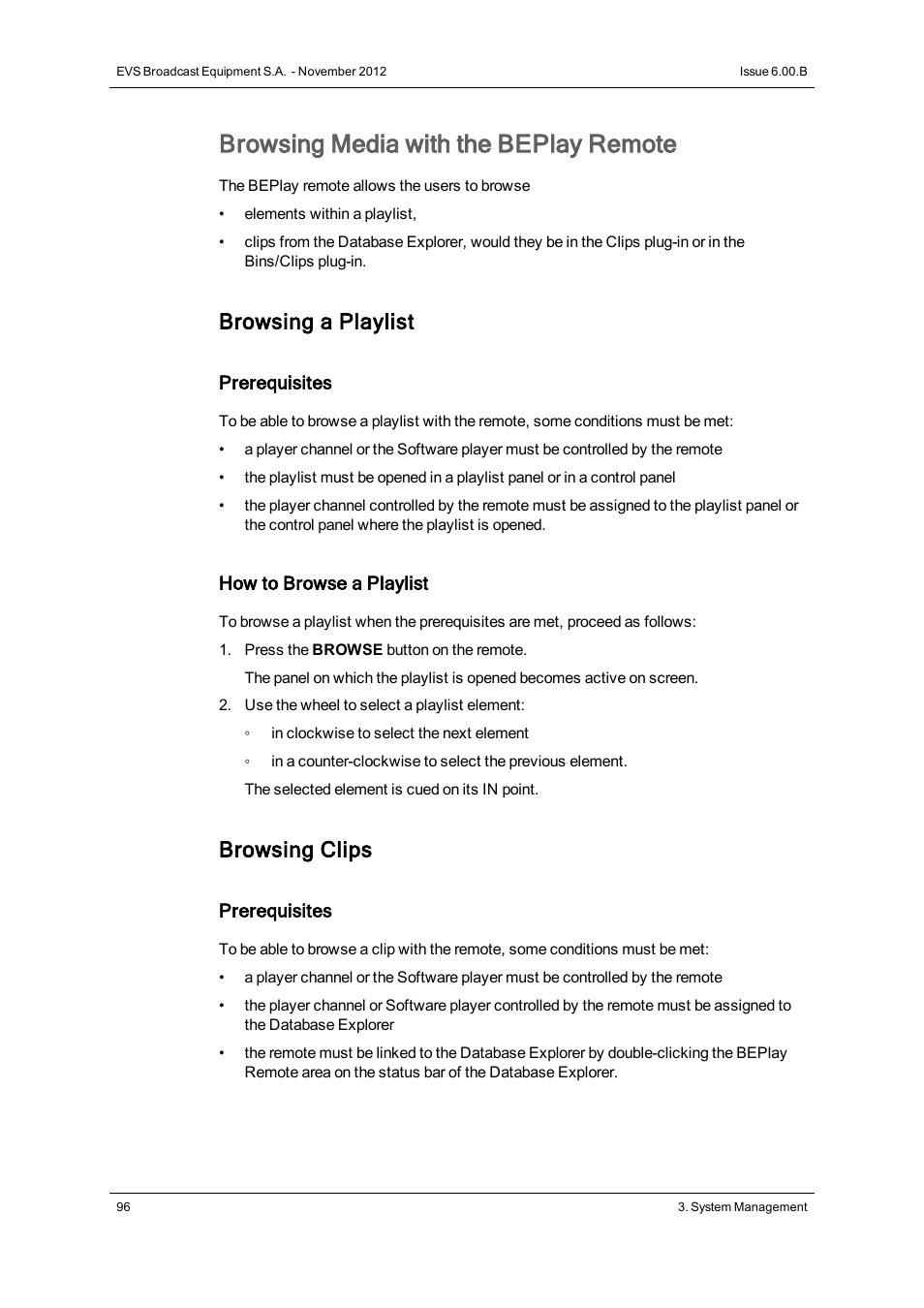 Browsing media with the beplay remote, Browsing a playlist, Browsing clips | EVS IPDirector Version 6.0 - November 2012 Part 1 User's Manual User Manual | Page 106 / 140