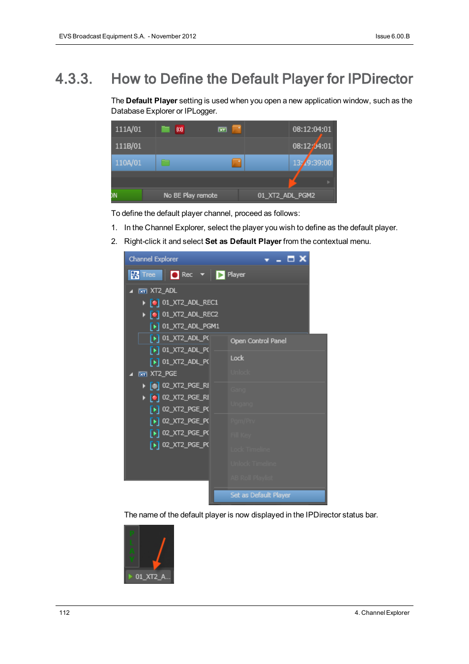 How to define the default player for ipdirector | EVS IPDirector Version 6.0 - November 2012 Part 1 User's Manual User Manual | Page 122 / 140