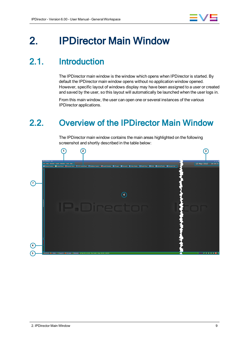 Ipdirector main window, Introduction, Overview of the ipdirector main window | EVS IPDirector Version 6.0 - November 2012 Part 1 User's Manual User Manual | Page 19 / 140