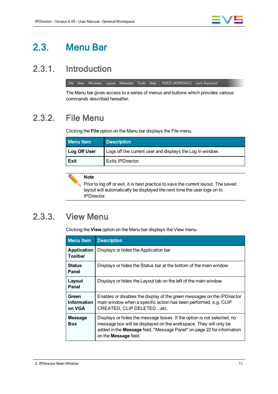 Menu bar, Introduction, File menu | View menu | EVS IPDirector Version 6.0 - November 2012 Part 1 User's Manual User Manual | Page 21 / 140