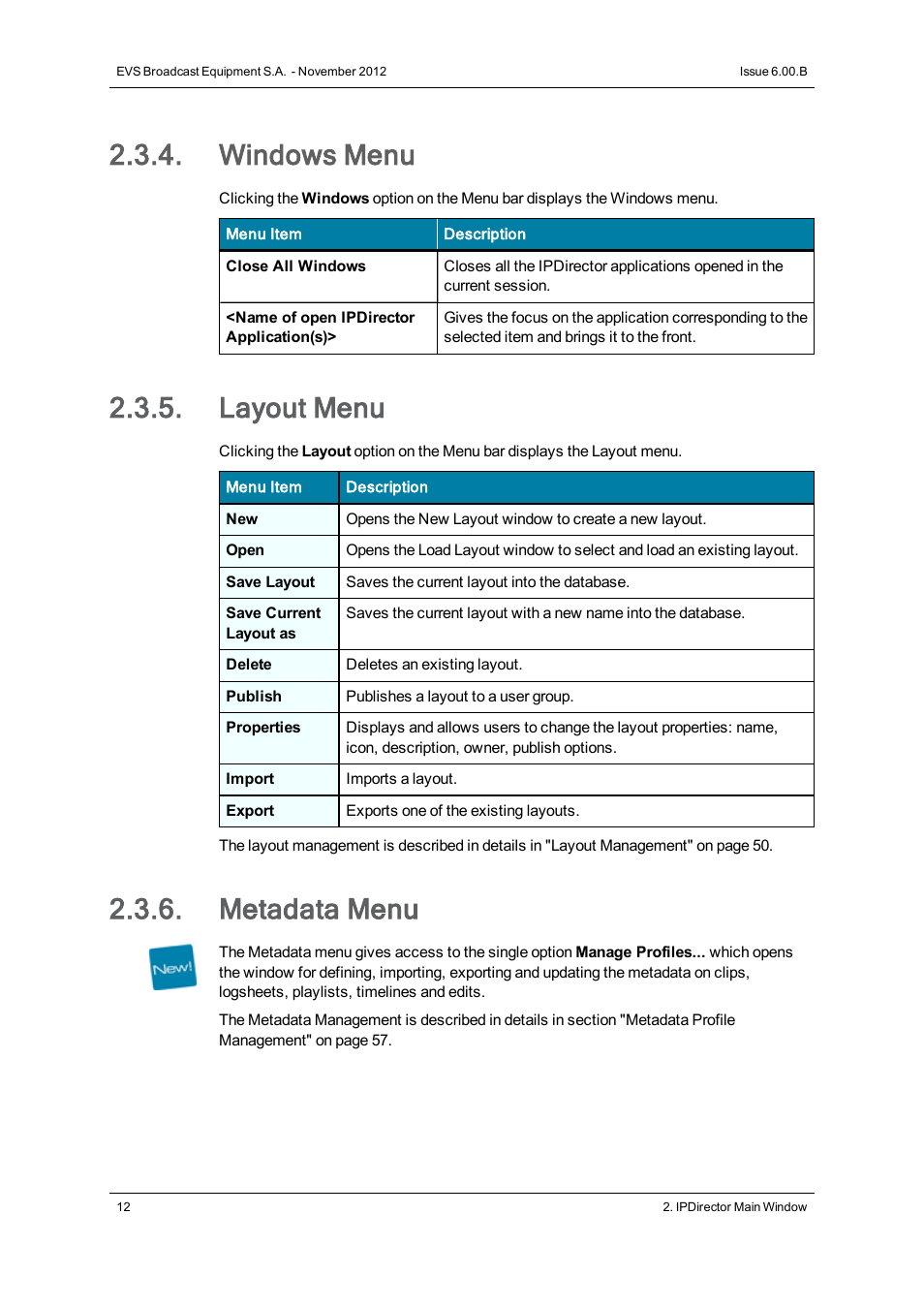 Windows menu, Layout menu, Metadata menu | EVS IPDirector Version 6.0 - November 2012 Part 1 User's Manual User Manual | Page 22 / 140