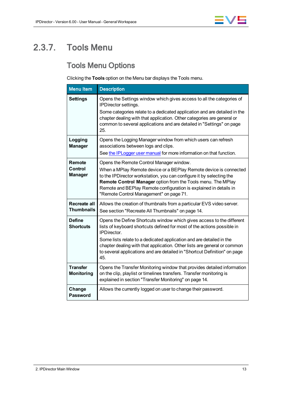 Tools menu, Tools menu options | EVS IPDirector Version 6.0 - November 2012 Part 1 User's Manual User Manual | Page 23 / 140