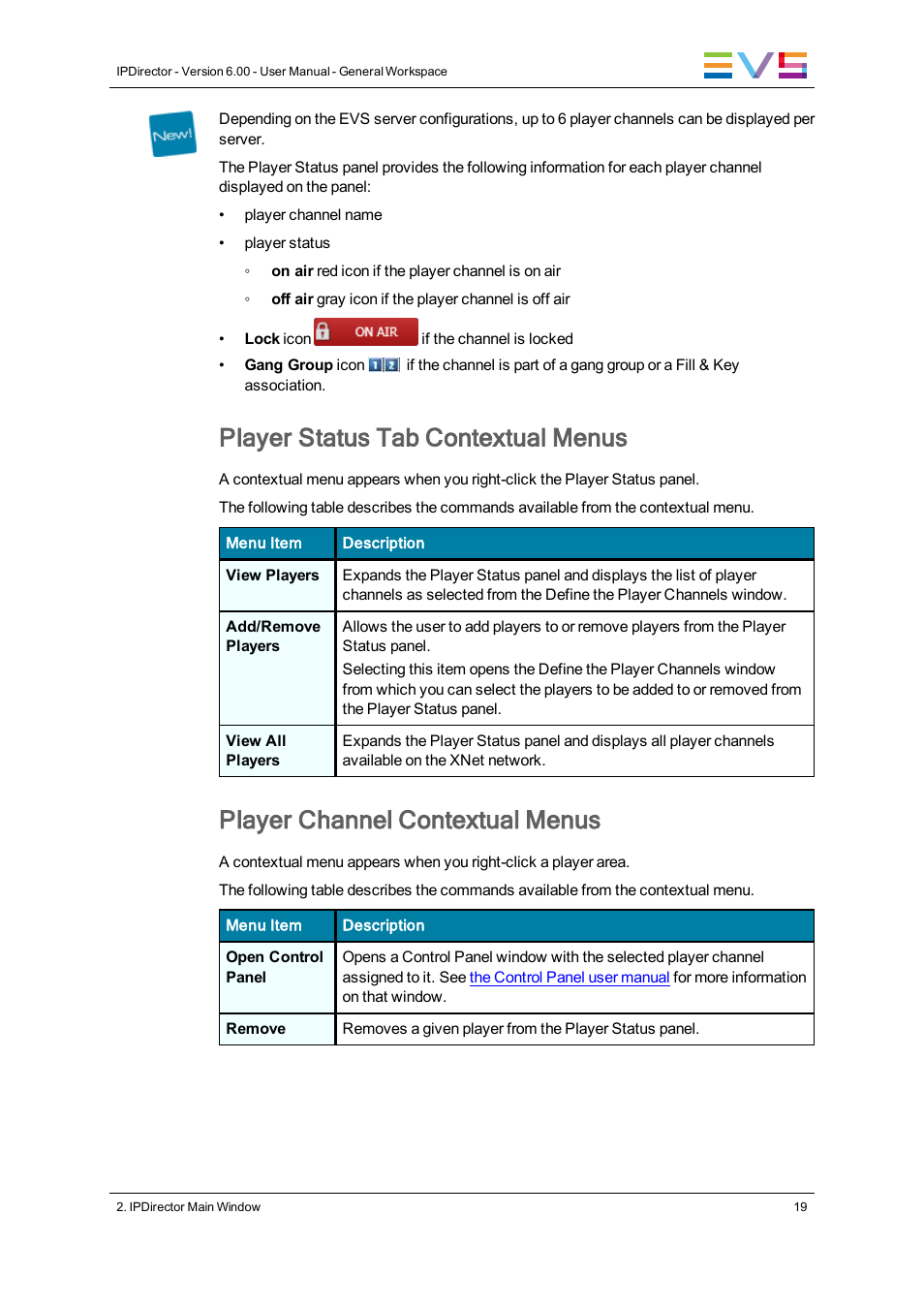 Player status tab contextual menus, Player channel contextual menus | EVS IPDirector Version 6.0 - November 2012 Part 1 User's Manual User Manual | Page 29 / 140