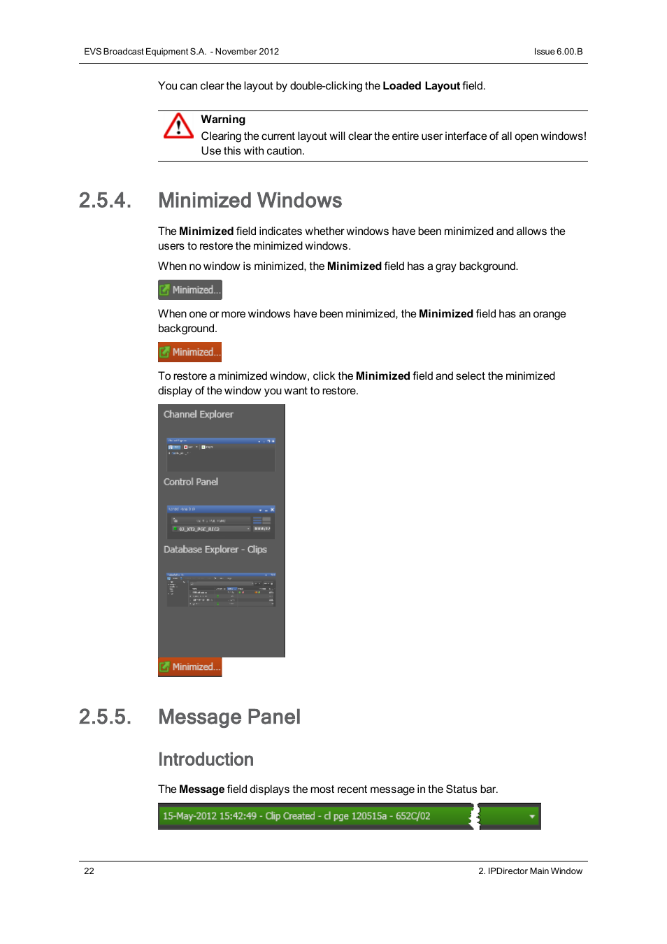 Minimized windows, Message panel, Introduction | EVS IPDirector Version 6.0 - November 2012 Part 1 User's Manual User Manual | Page 32 / 140