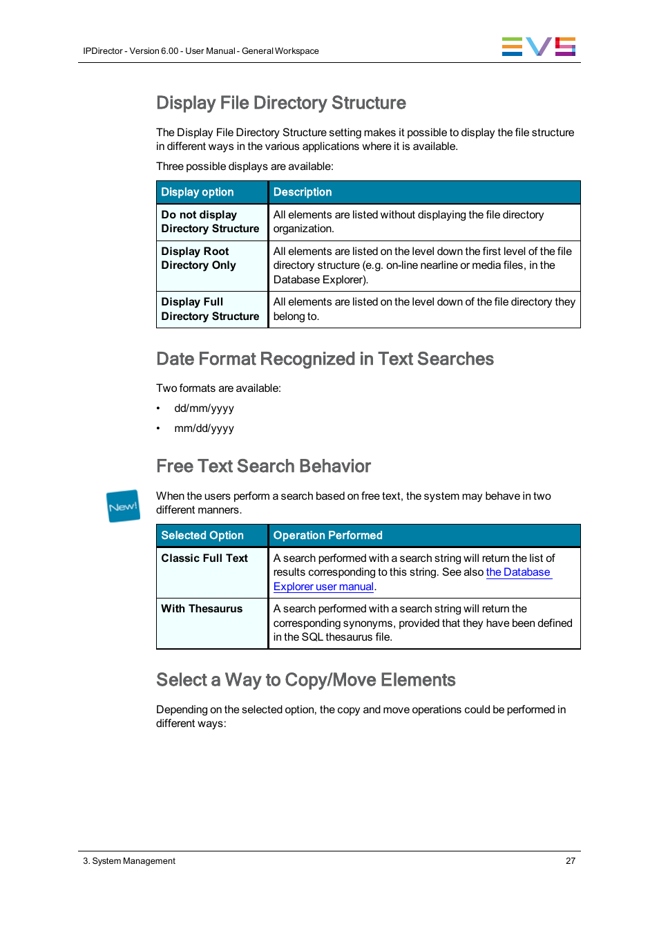 Display file directory structure, Date format recognized in text searches, Free text search behavior | Select a way to copy/move elements | EVS IPDirector Version 6.0 - November 2012 Part 1 User's Manual User Manual | Page 37 / 140