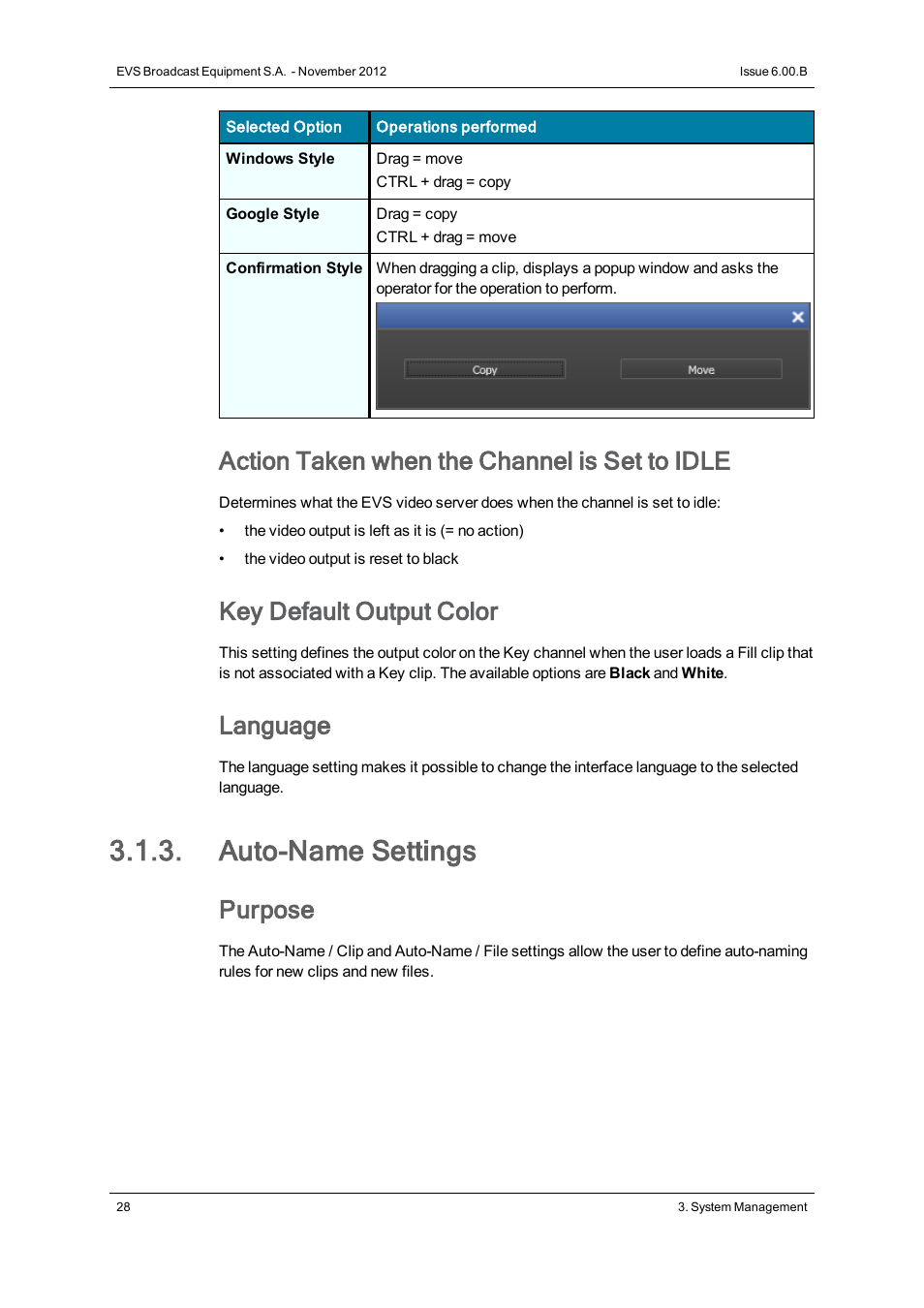 Auto-name settings, Action taken when the channel is set to idle, Key default output color | Language, Purpose | EVS IPDirector Version 6.0 - November 2012 Part 1 User's Manual User Manual | Page 38 / 140