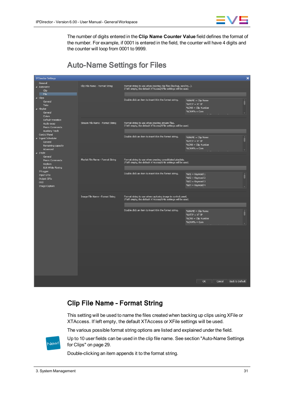 Auto-name settings for files, Clip file name – format string | EVS IPDirector Version 6.0 - November 2012 Part 1 User's Manual User Manual | Page 41 / 140