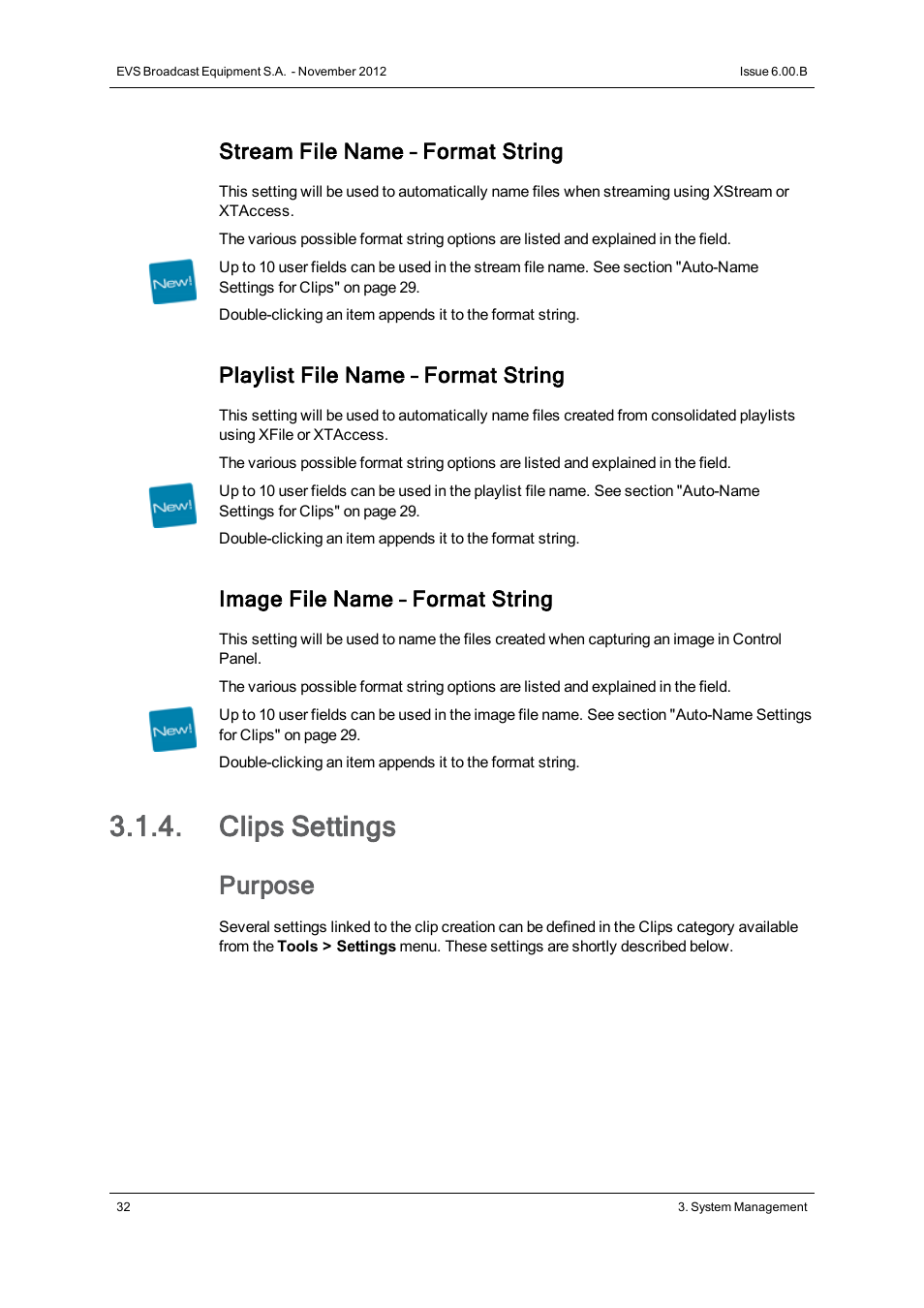 Clips settings, Purpose, Stream file name – format string | Playlist file name – format string, Image file name – format string | EVS IPDirector Version 6.0 - November 2012 Part 1 User's Manual User Manual | Page 42 / 140