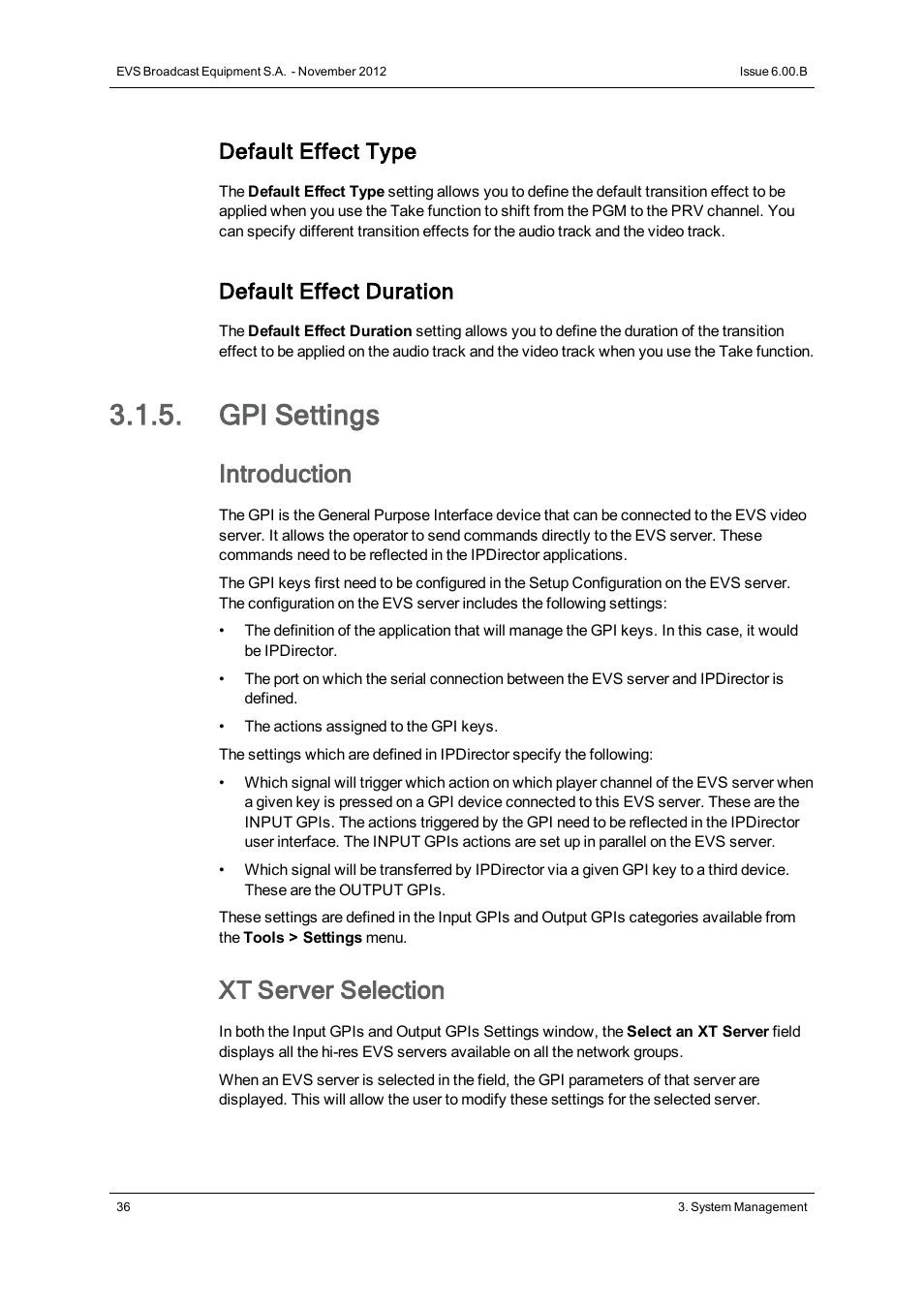 Gpi settings, Introduction, Xt server selection | Default effect type, Default effect duration | EVS IPDirector Version 6.0 - November 2012 Part 1 User's Manual User Manual | Page 46 / 140
