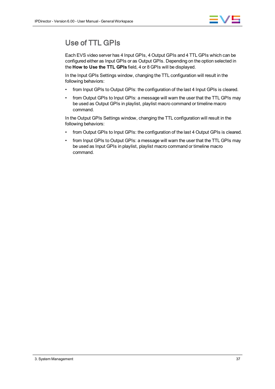 Use of ttl gpis | EVS IPDirector Version 6.0 - November 2012 Part 1 User's Manual User Manual | Page 47 / 140