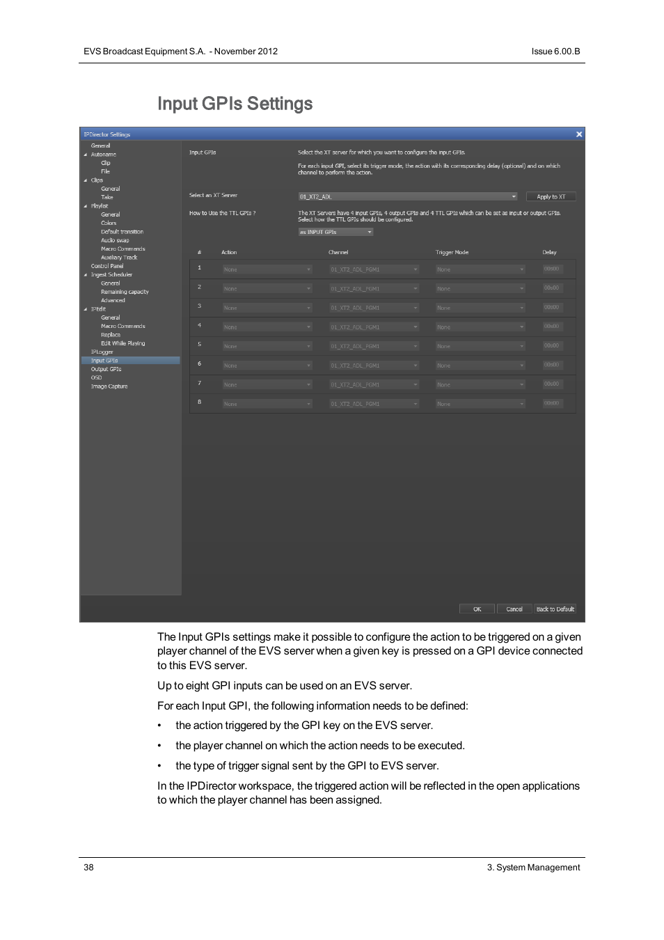 Input gpis settings | EVS IPDirector Version 6.0 - November 2012 Part 1 User's Manual User Manual | Page 48 / 140