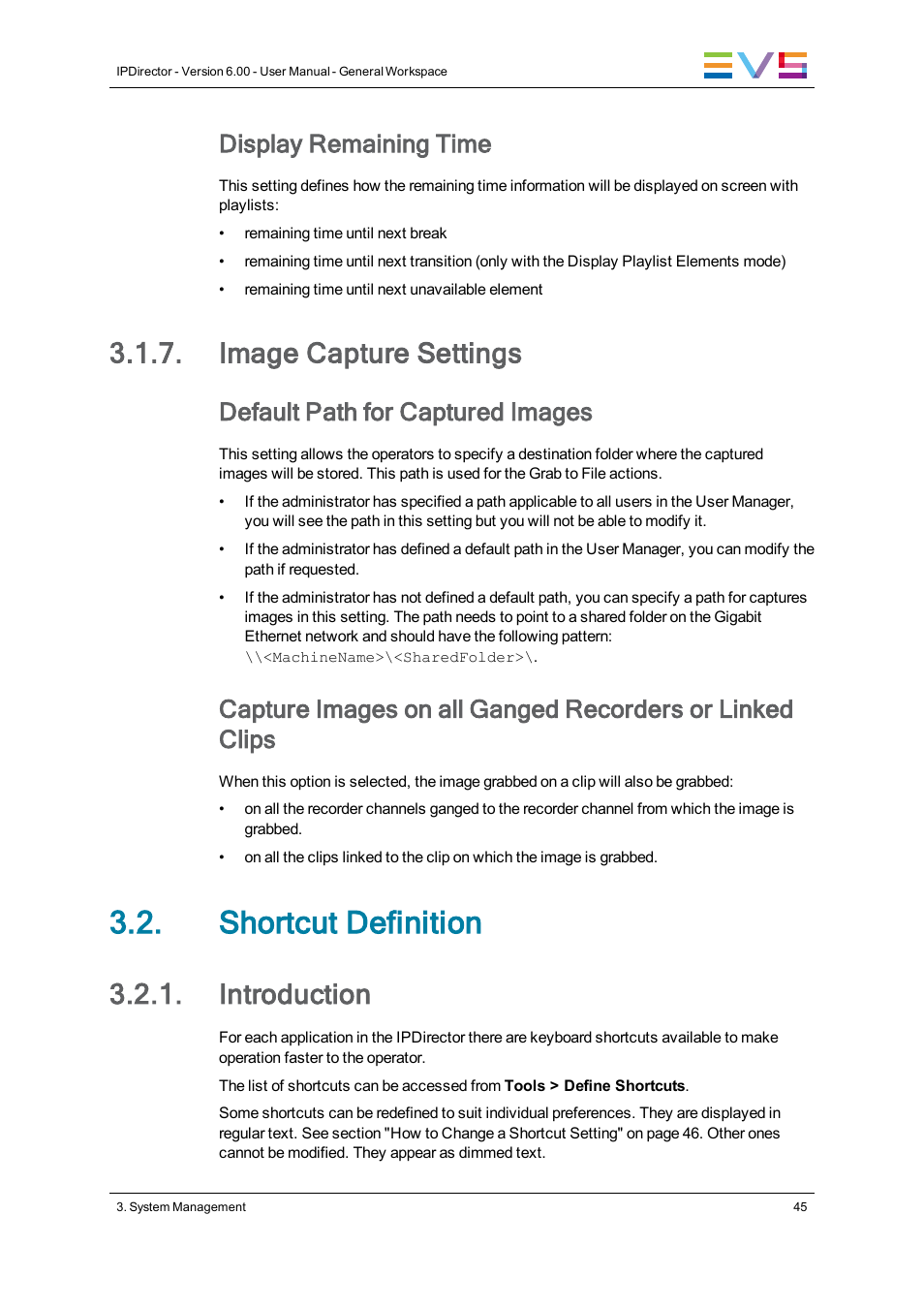 Image capture settings, Shortcut definition, Introduction | Display remaining time, Default path for captured images | EVS IPDirector Version 6.0 - November 2012 Part 1 User's Manual User Manual | Page 55 / 140