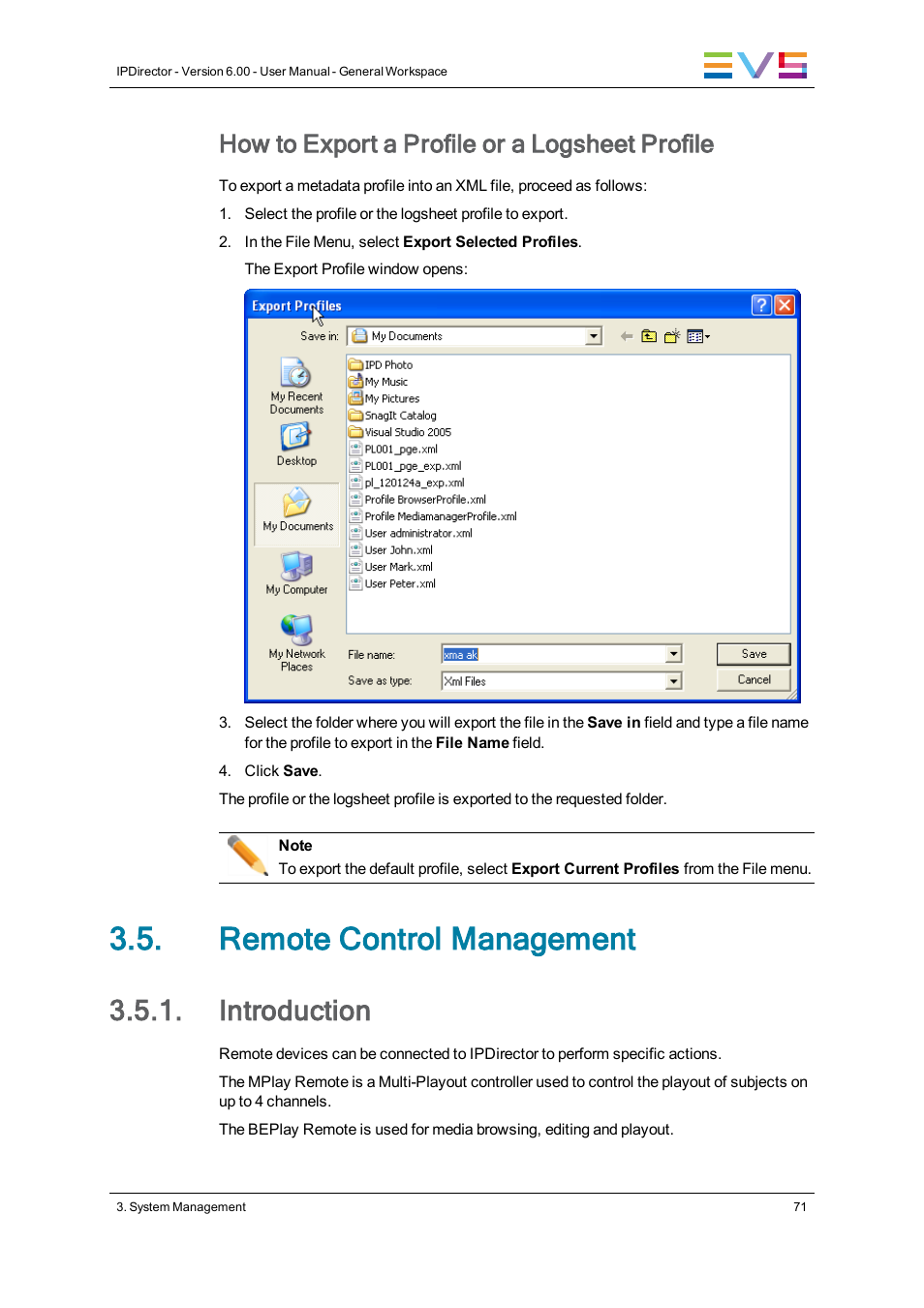 Remote control management, Introduction, How to export a profile or a logsheet profile | EVS IPDirector Version 6.0 - November 2012 Part 1 User's Manual User Manual | Page 81 / 140