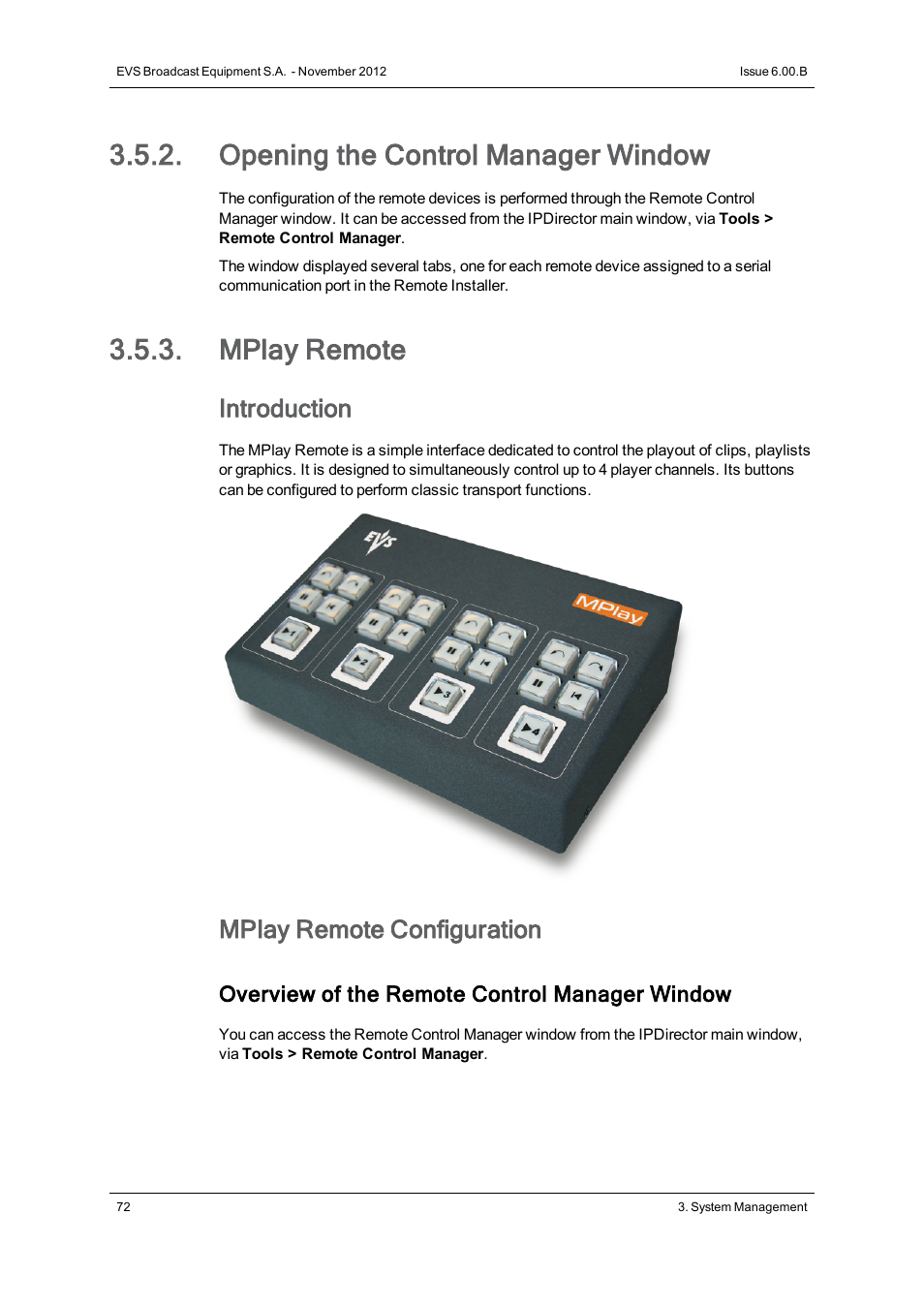 Opening the control manager window, Mplay remote, Introduction | Mplay remote configuration | EVS IPDirector Version 6.0 - November 2012 Part 1 User's Manual User Manual | Page 82 / 140
