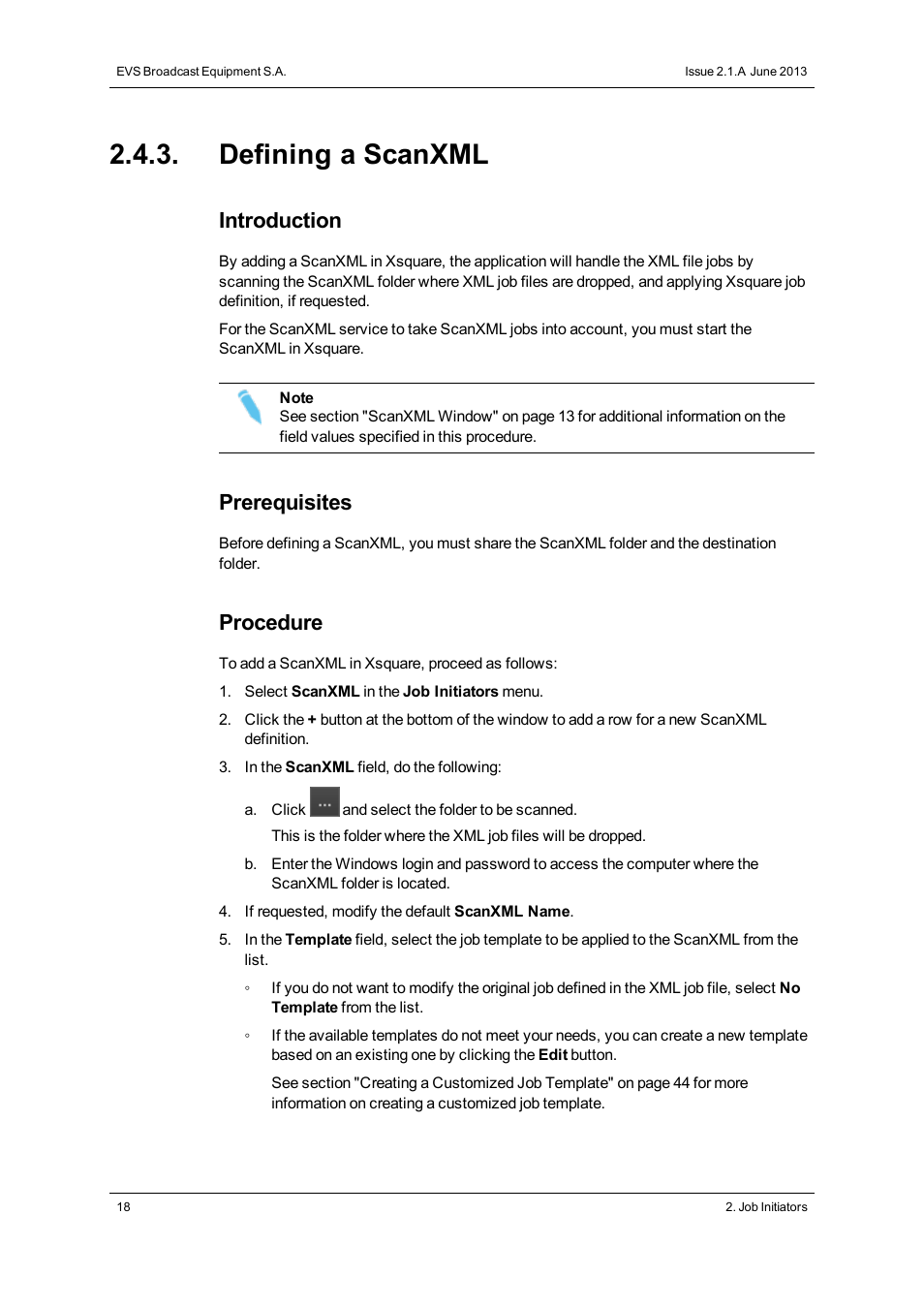 Defining a scanxml, Introduction, Prerequisites | Procedure | EVS Xsquare Version 2.1 User Manual User Manual | Page 24 / 69