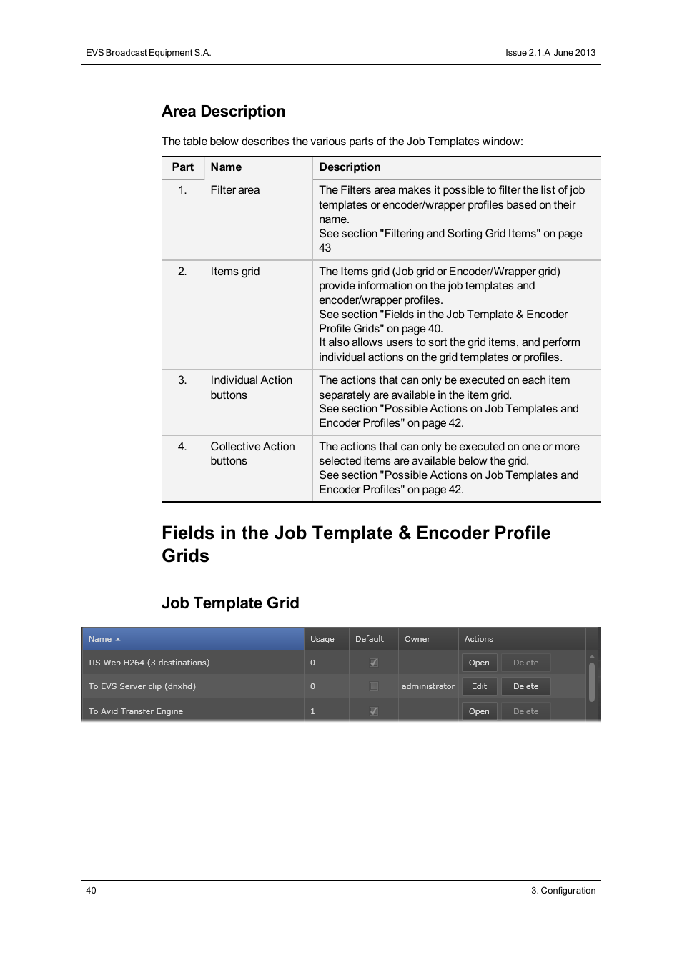 Fields in the job template & encoder profile grids, Area description, Job template grid | EVS Xsquare Version 2.1 User Manual User Manual | Page 46 / 69