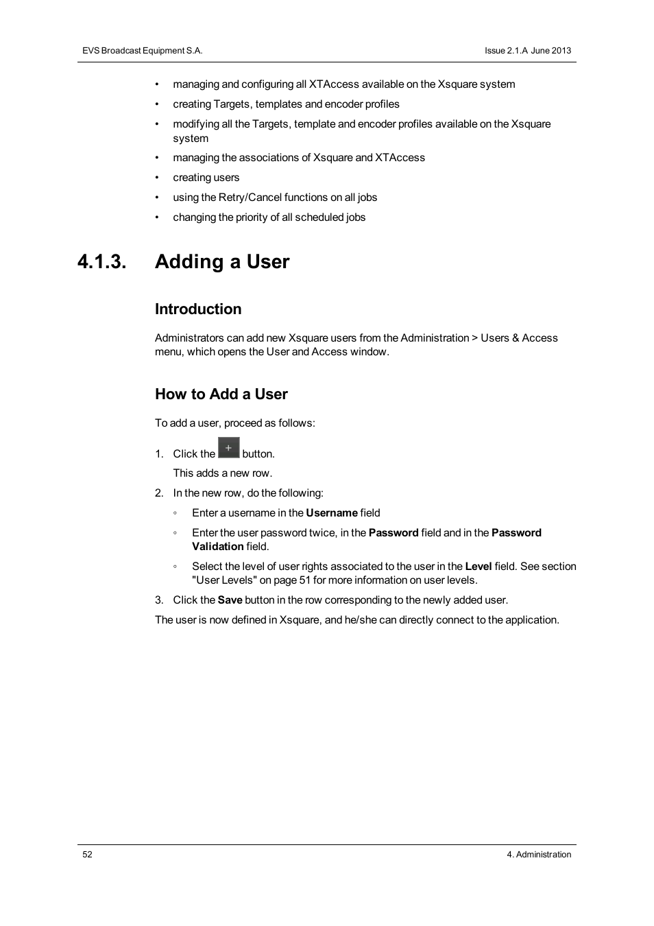 Adding a user, Introduction, How to add a user | EVS Xsquare Version 2.1 User Manual User Manual | Page 58 / 69