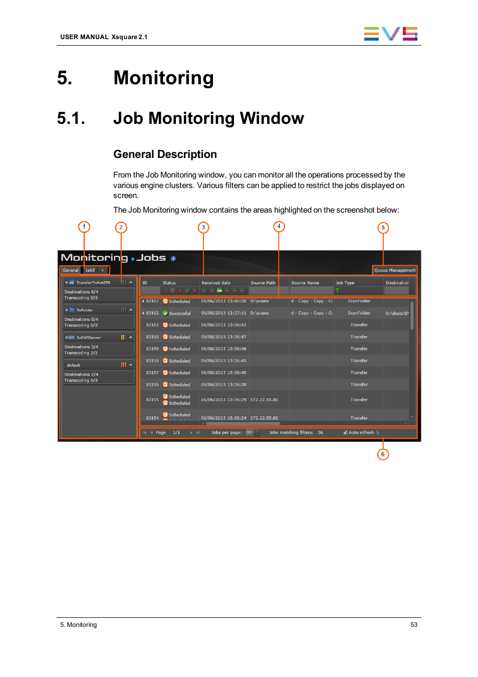 Monitoring, Job monitoring window | EVS Xsquare Version 2.1 User Manual User Manual | Page 59 / 69