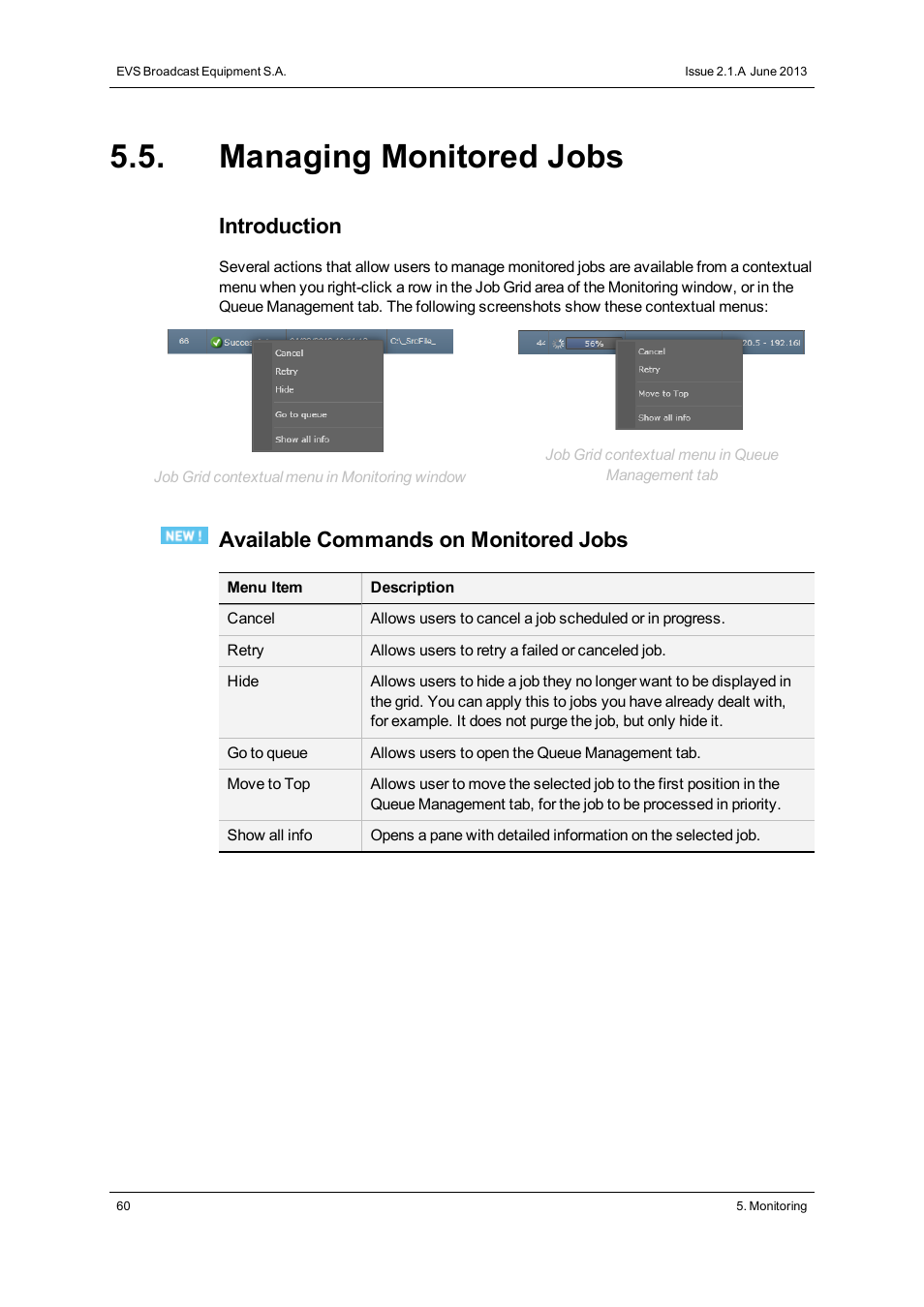 Managing monitored jobs, Introduction, Available commands on monitored jobs | EVS Xsquare Version 2.1 User Manual User Manual | Page 66 / 69