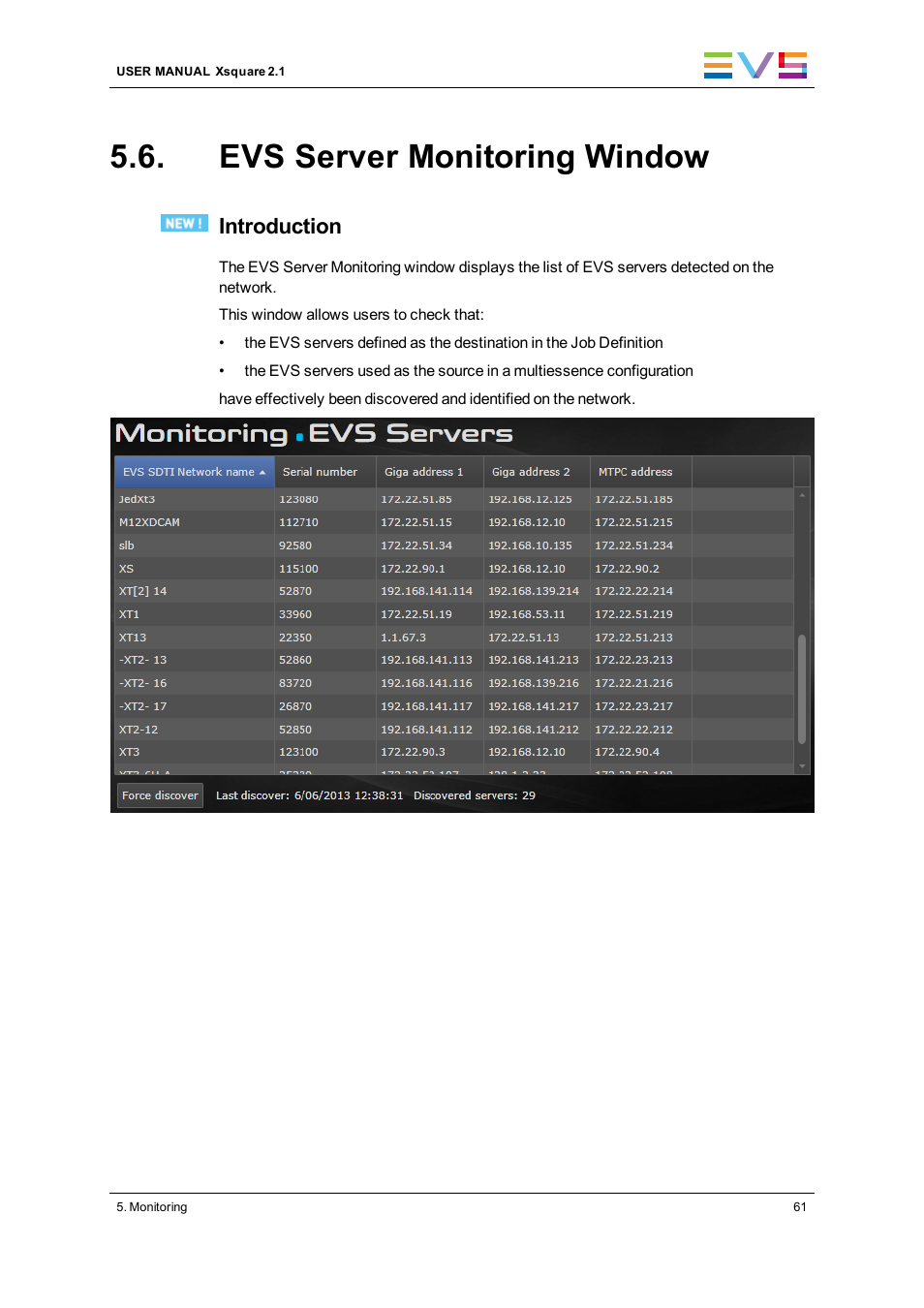 Evs server monitoring window, Introduction | EVS Xsquare Version 2.1 User Manual User Manual | Page 67 / 69