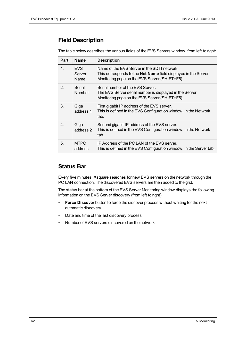 Field description, Status bar | EVS Xsquare Version 2.1 User Manual User Manual | Page 68 / 69