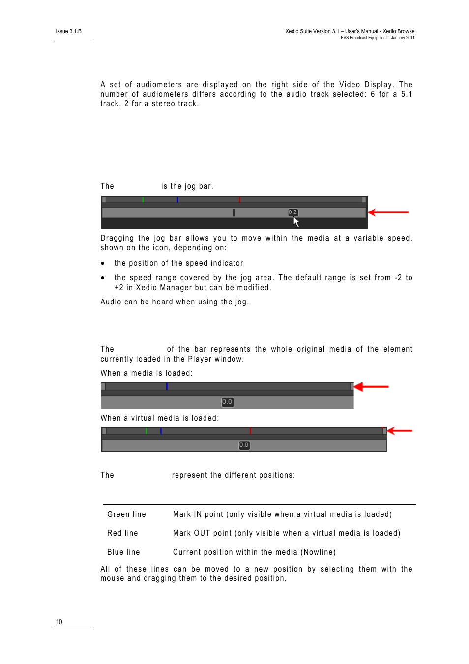 Audiometers, 4 media and jog bars, Media bar | Media and jog bars, Edia and | EVS XEDIO Browse Version 3.1 - January 2011 User Manual User Manual | Page 15 / 38