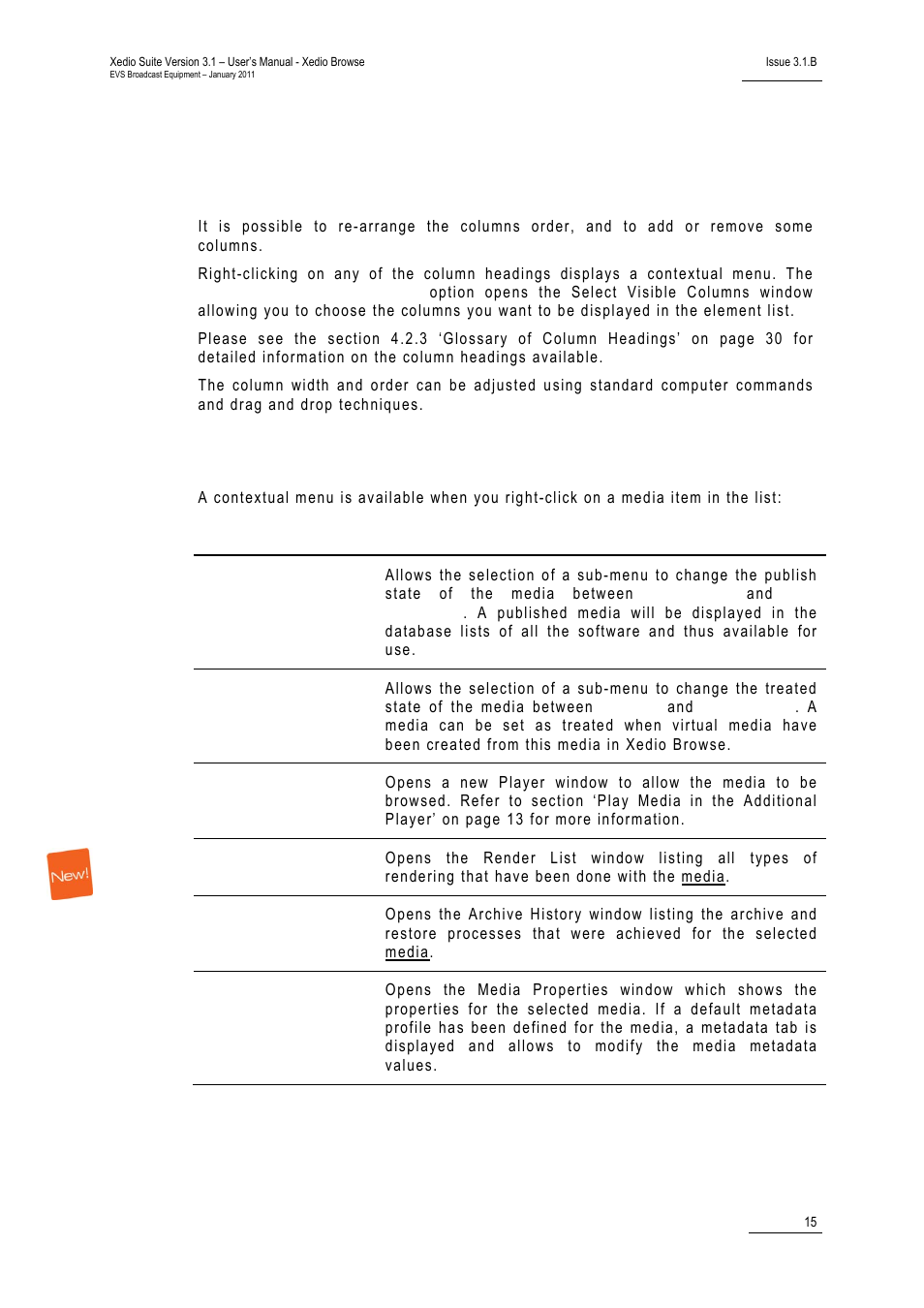 2 media list area, Displayed columns, Media list contextual menu | Media list area, Edia | EVS XEDIO Browse Version 3.1 - January 2011 User Manual User Manual | Page 20 / 38
