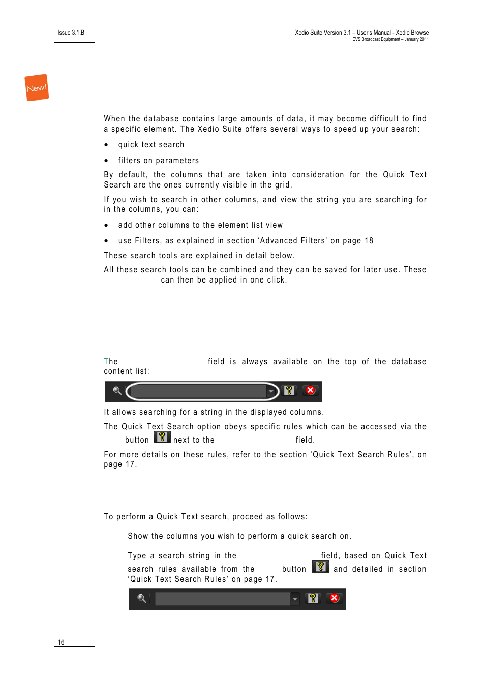 Using filters to search the database, Introduction, Quick text search | How to perform a quick text search, Sing, Ilters to, Earch the, Atabase | EVS XEDIO Browse Version 3.1 - January 2011 User Manual User Manual | Page 21 / 38