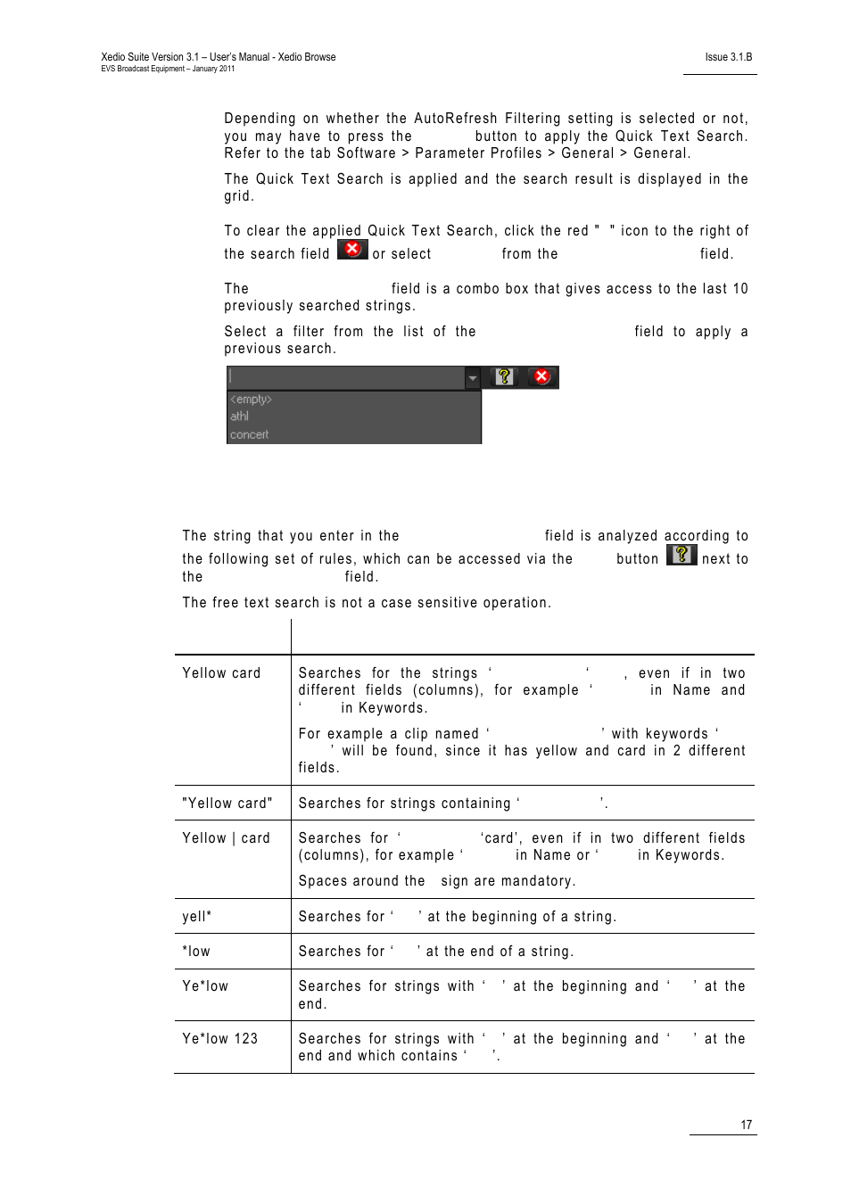 Quick text search rules | EVS XEDIO Browse Version 3.1 - January 2011 User Manual User Manual | Page 22 / 38