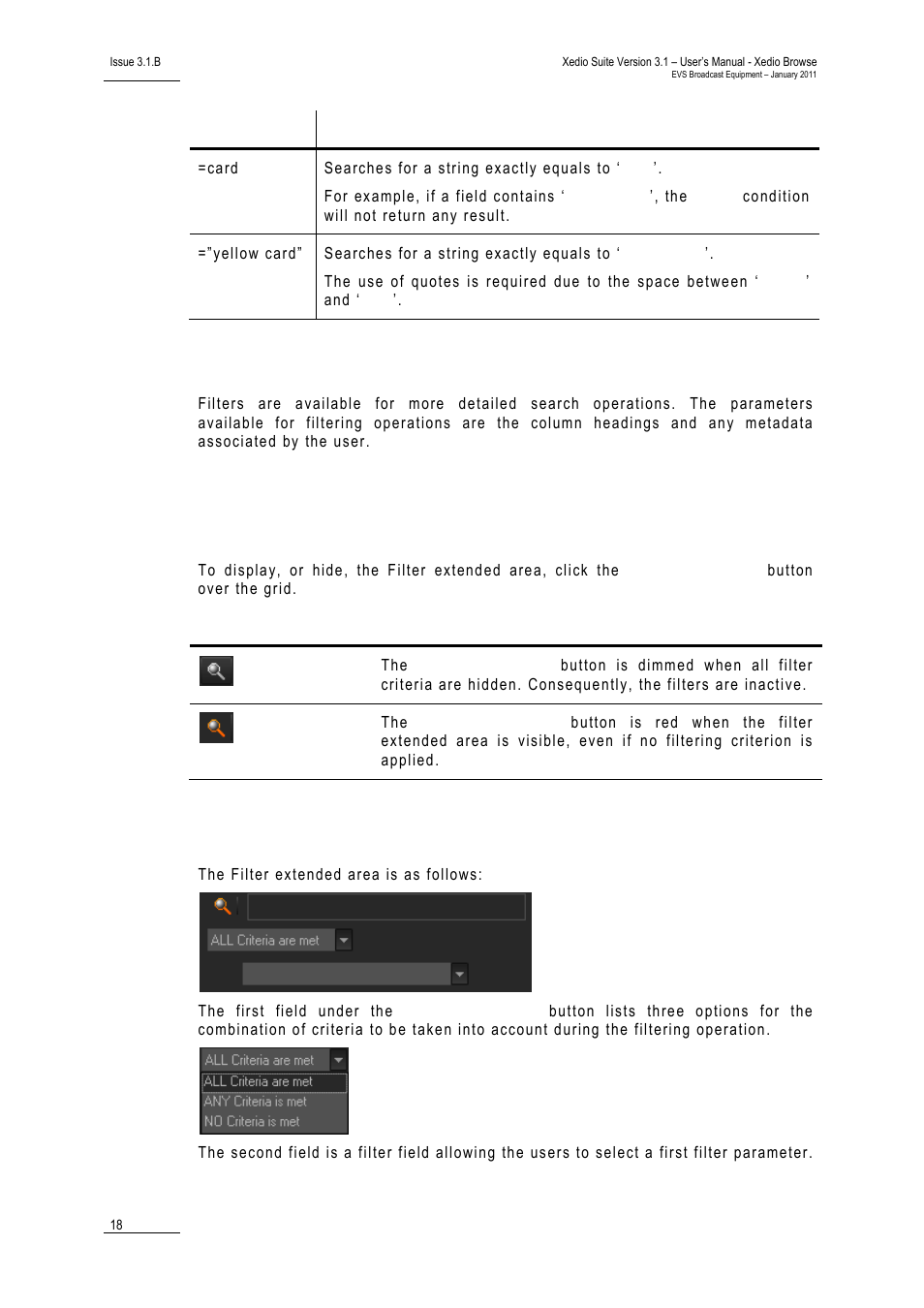 Advanced filters, Filter activation, Show/hide filter button | Filter extended area, Dvanced, Ilters | EVS XEDIO Browse Version 3.1 - January 2011 User Manual User Manual | Page 23 / 38