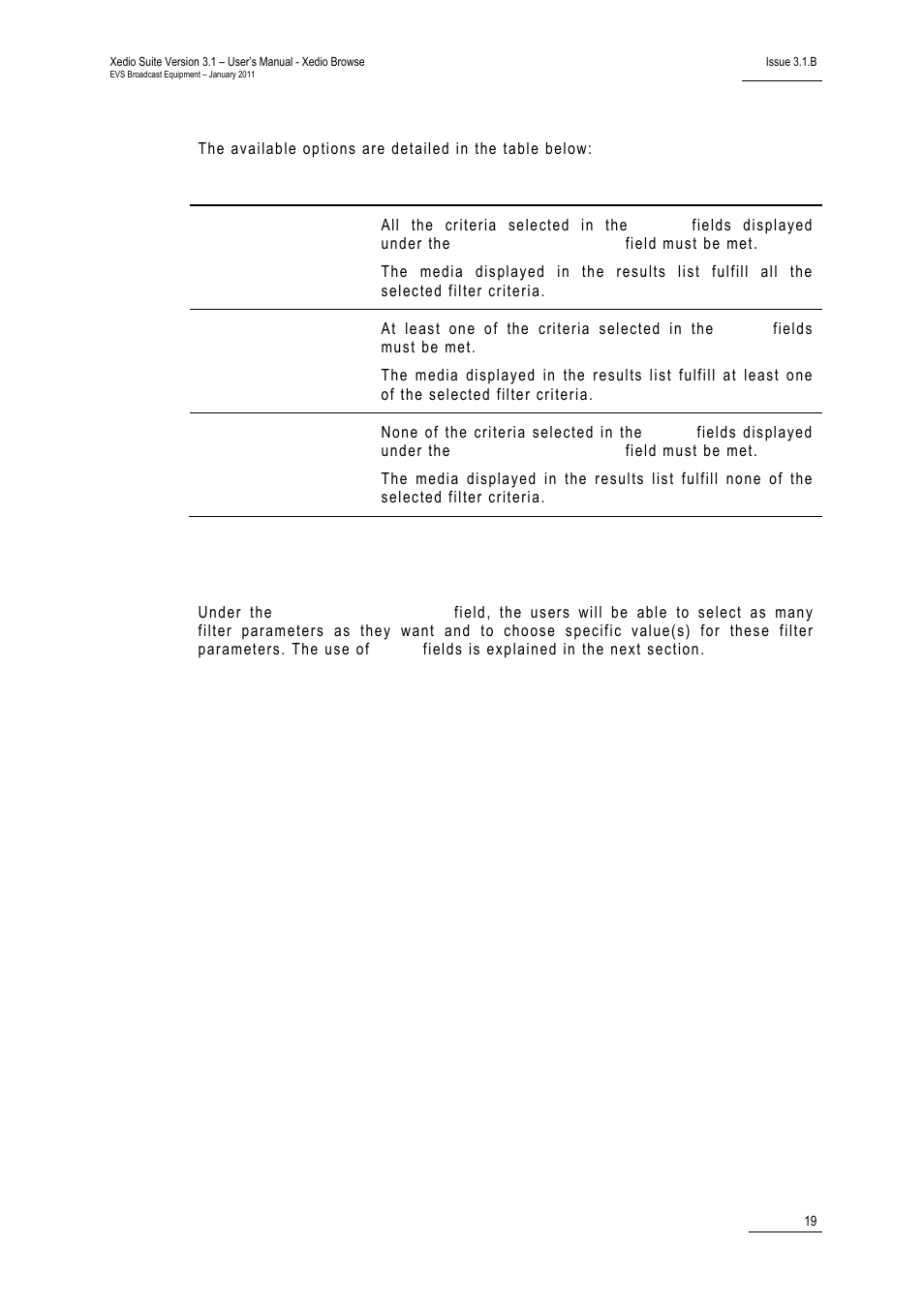 Criteria combination, Filter fields | EVS XEDIO Browse Version 3.1 - January 2011 User Manual User Manual | Page 24 / 38
