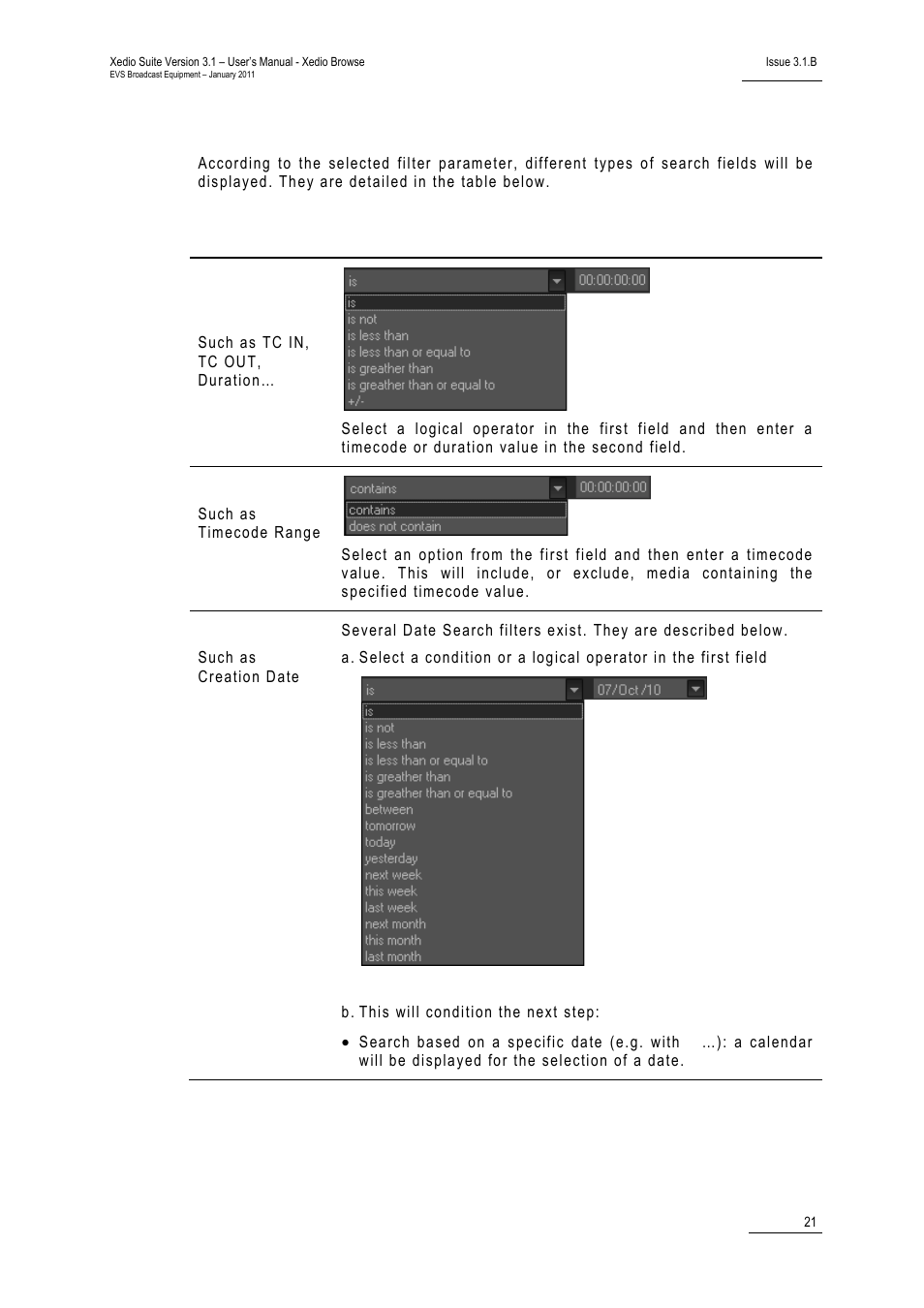 Search fields types | EVS XEDIO Browse Version 3.1 - January 2011 User Manual User Manual | Page 26 / 38