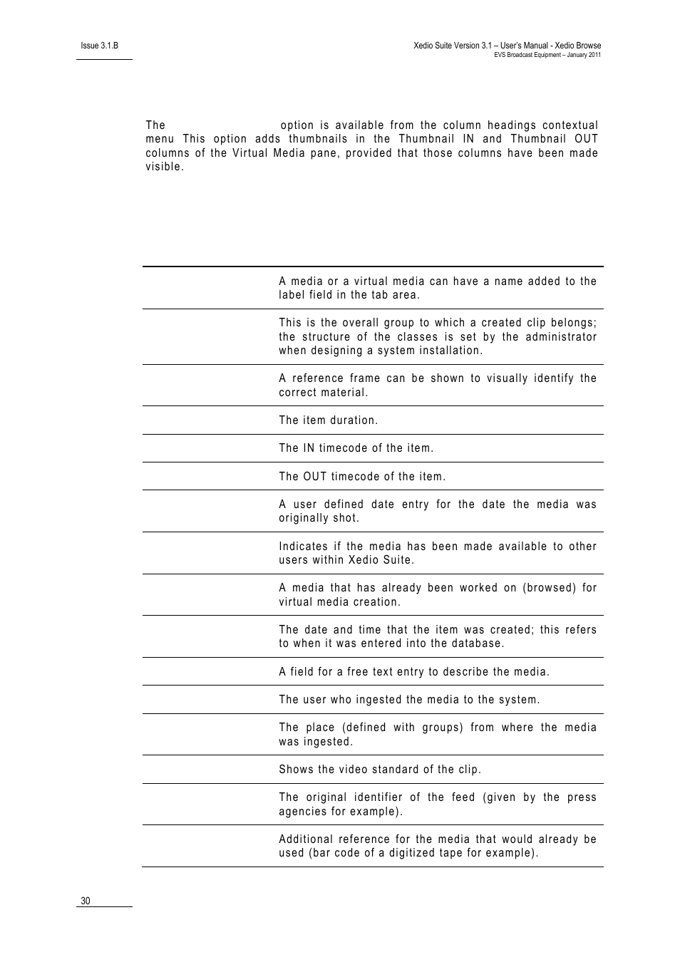 2 show thumbnails, 3 glossary of column headings, Show thumbnails | Glossary of column headings, 30 fo, Humbnails, Lossary of, Olumn, Eadings | EVS XEDIO Browse Version 3.1 - January 2011 User Manual User Manual | Page 35 / 38