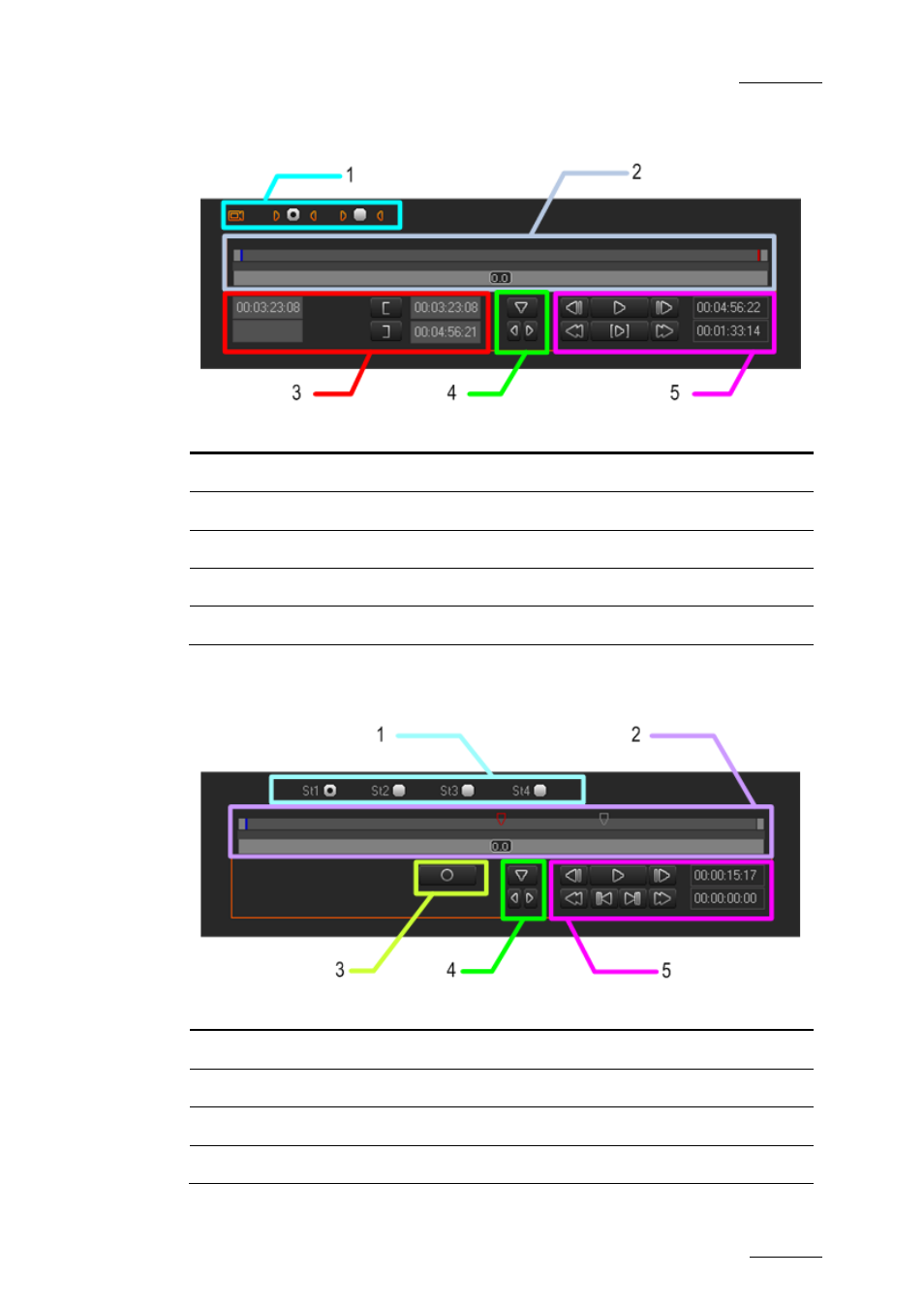 Transport and editing zones in the clip player, Transport zones in the storyboard player | EVS Xedio Dispatcher Version 4.00 - July 2011 User Manual User Manual | Page 53 / 97