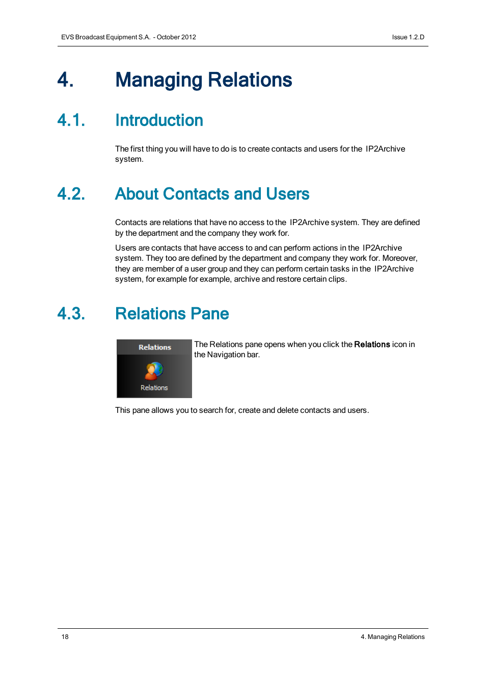 Managing relations, Introduction, About contacts and users | Relations pane | EVS IP2Archive MAD Config Version 1.2 - October 2012 User Manual User Manual | Page 23 / 48