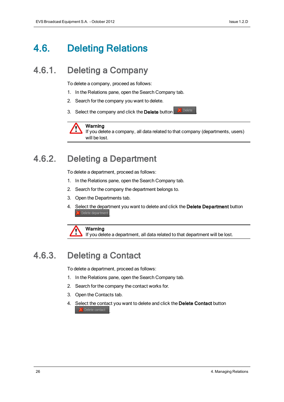 Deleting relations, Deleting a company, Deleting a department | Deleting a contact | EVS IP2Archive MAD Config Version 1.2 - October 2012 User Manual User Manual | Page 31 / 48