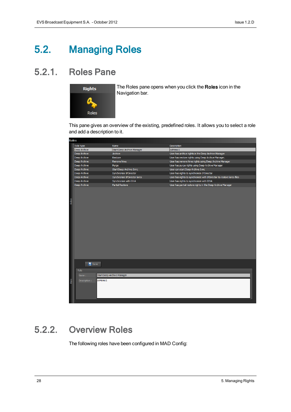 Managing roles, Roles pane, Overview roles | EVS IP2Archive MAD Config Version 1.2 - October 2012 User Manual User Manual | Page 33 / 48