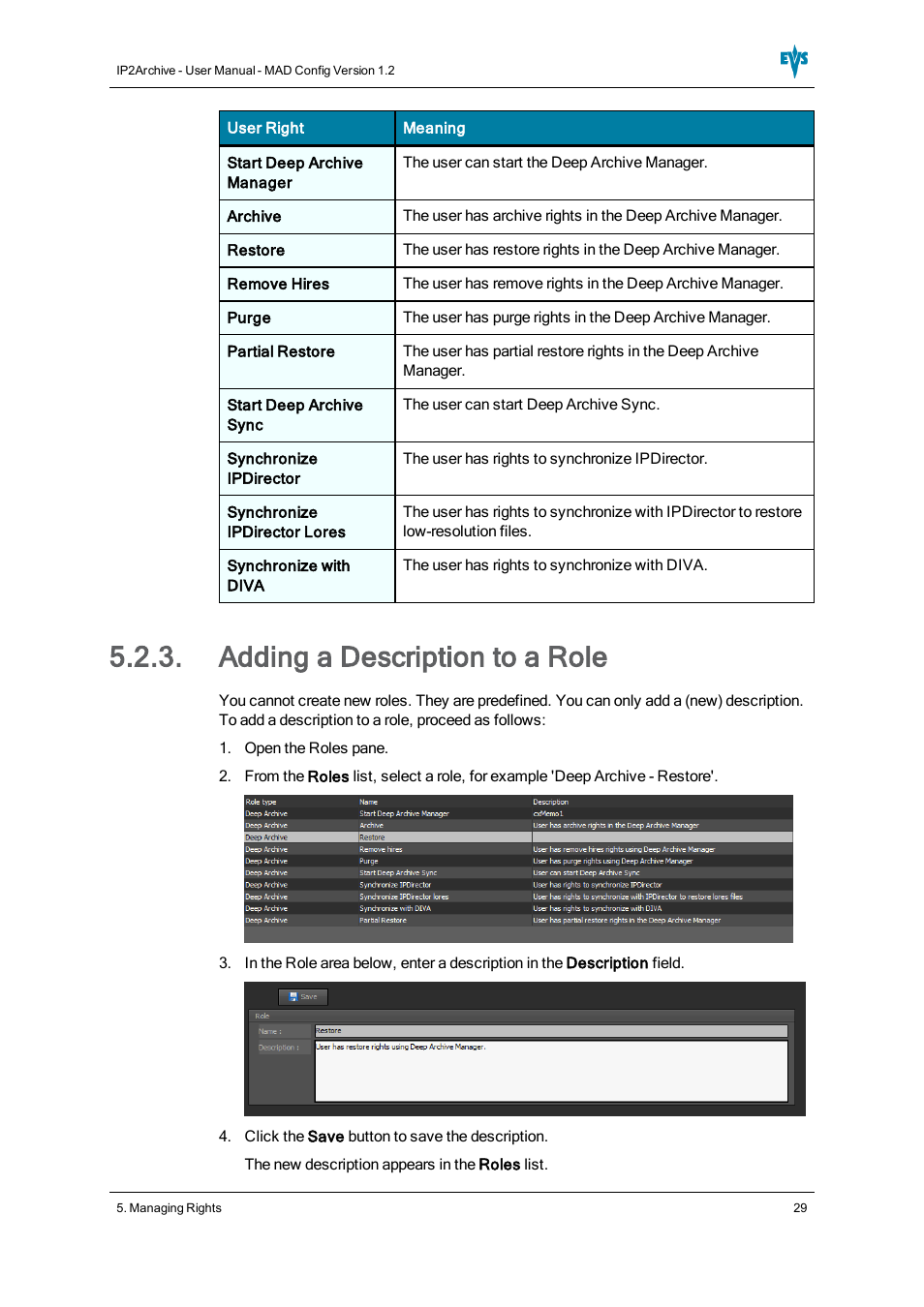 Adding a description to a role | EVS IP2Archive MAD Config Version 1.2 - October 2012 User Manual User Manual | Page 34 / 48