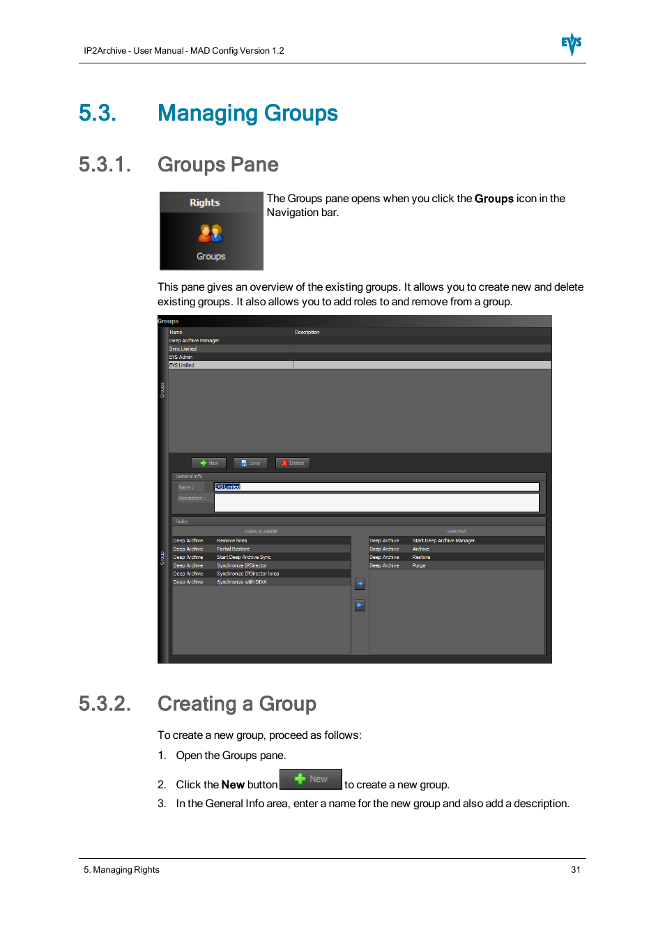 Managing groups, Groups pane, Creating a group | EVS IP2Archive MAD Config Version 1.2 - October 2012 User Manual User Manual | Page 36 / 48