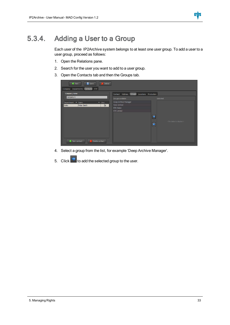 Adding a user to a group | EVS IP2Archive MAD Config Version 1.2 - October 2012 User Manual User Manual | Page 38 / 48