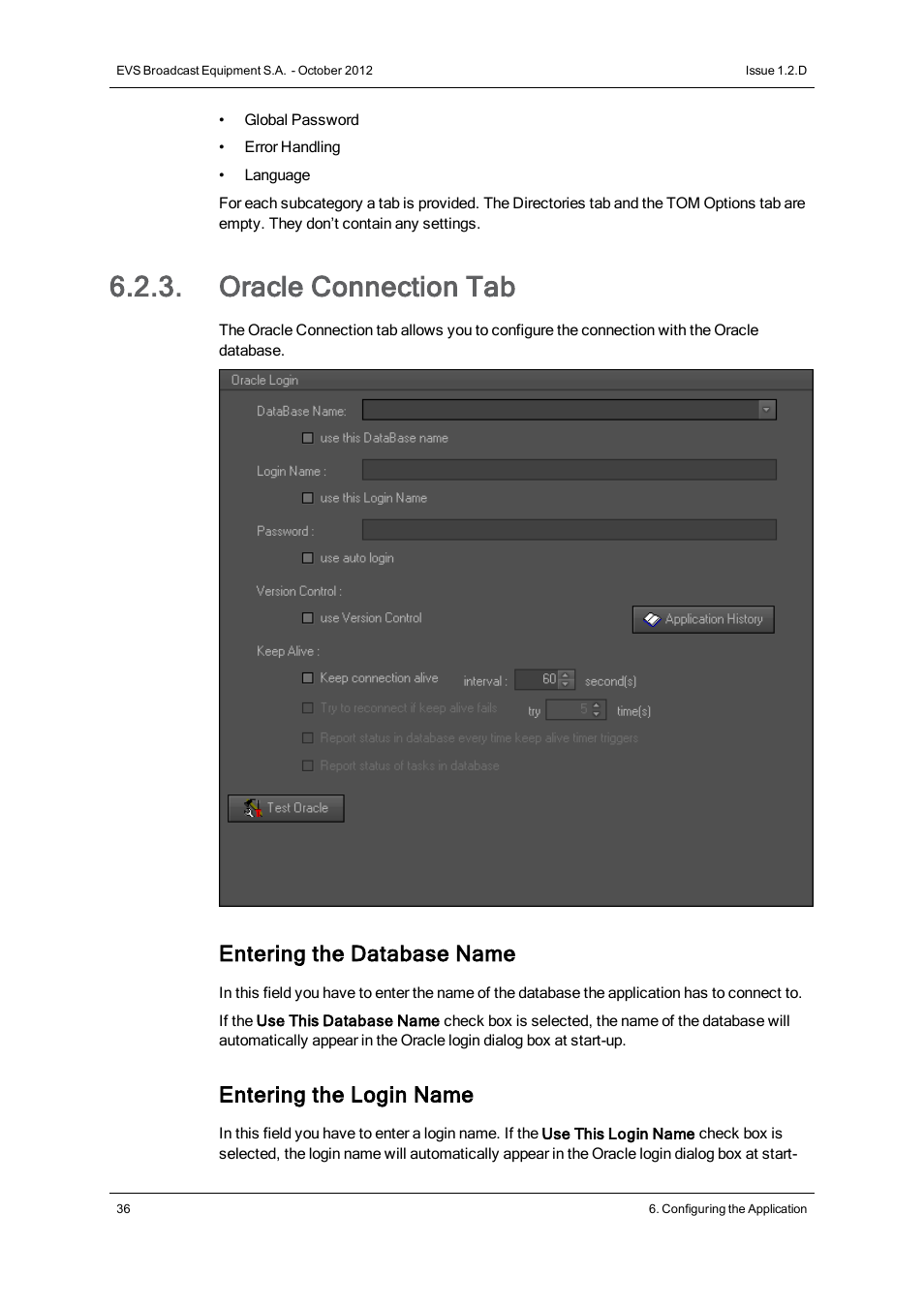 Oracle connection tab, Entering the database name, Entering the login name | EVS IP2Archive MAD Config Version 1.2 - October 2012 User Manual User Manual | Page 41 / 48