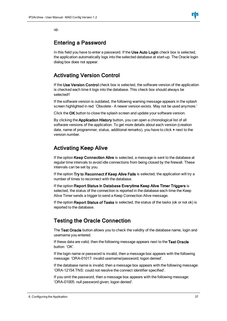 Entering a password, Activating version control, Activating keep alive | Testing the oracle connection | EVS IP2Archive MAD Config Version 1.2 - October 2012 User Manual User Manual | Page 42 / 48