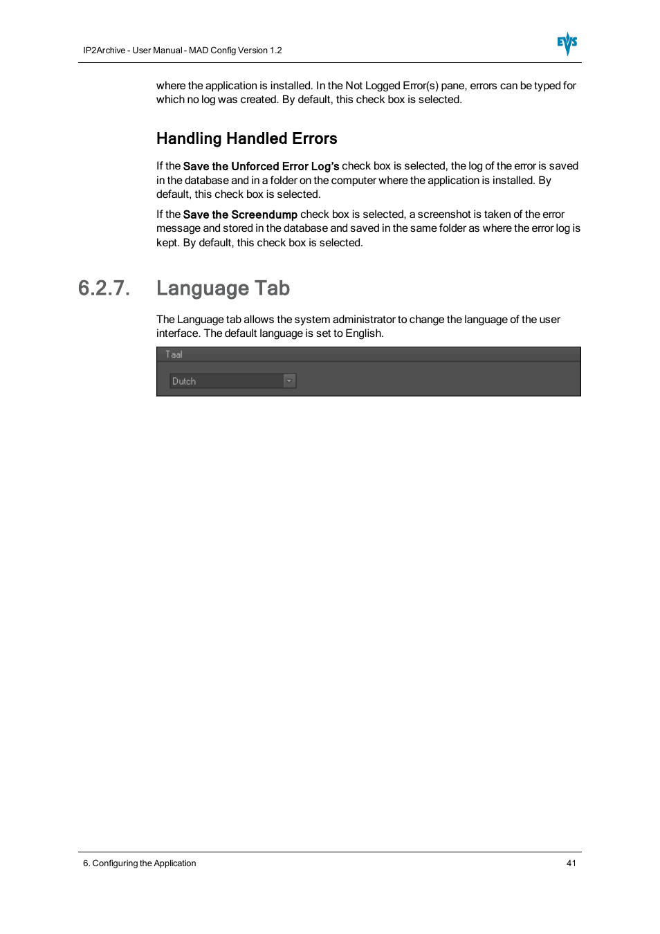 Language tab, Handling handled errors | EVS IP2Archive MAD Config Version 1.2 - October 2012 User Manual User Manual | Page 46 / 48