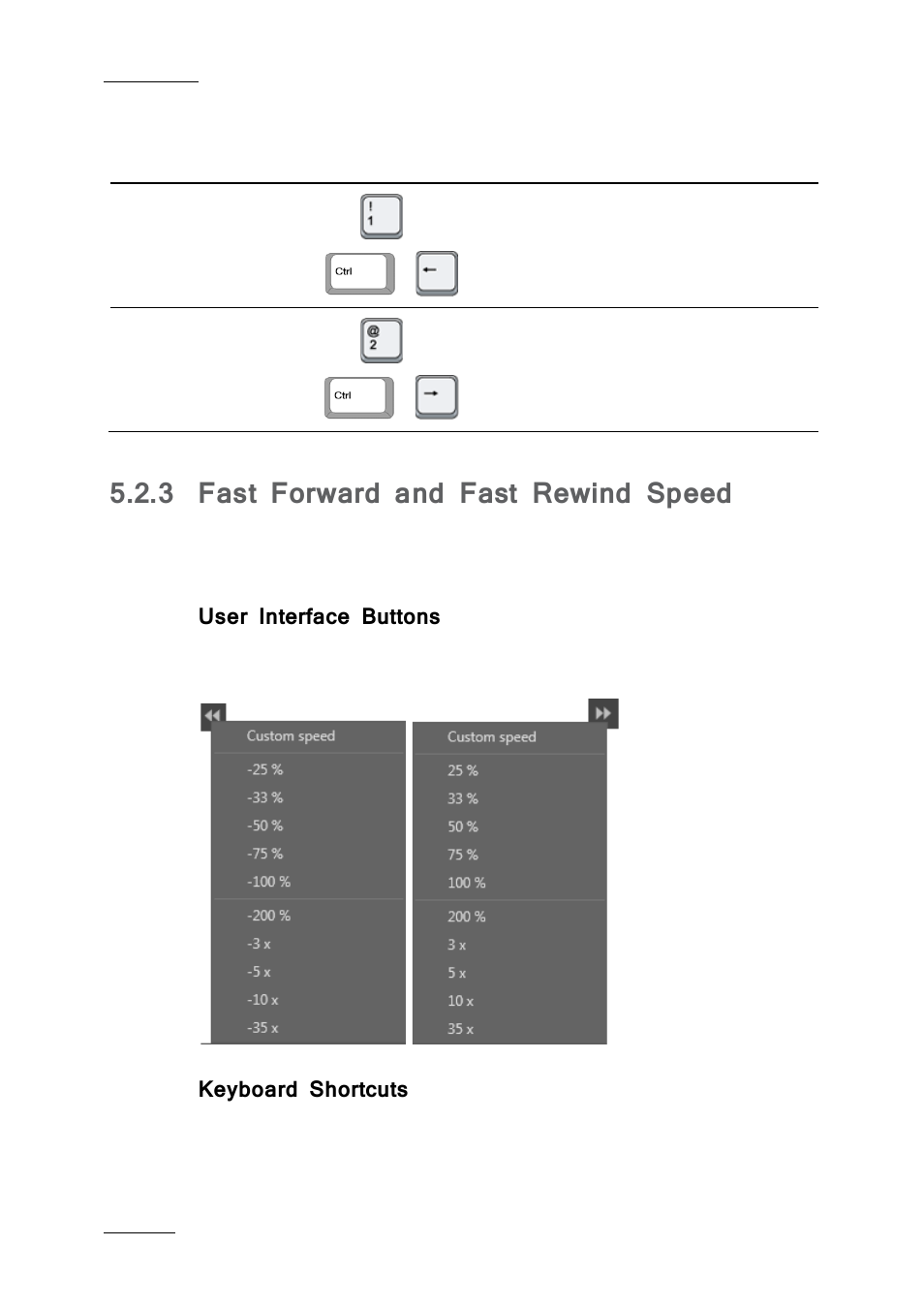 3 fast forward and fast rewind speed, User interface buttons, Keyboard shortcuts | Fast forward and fast rewind speed | EVS IPBrowse Version 6.0 - November 2012 User's Manual User Manual | Page 62 / 90