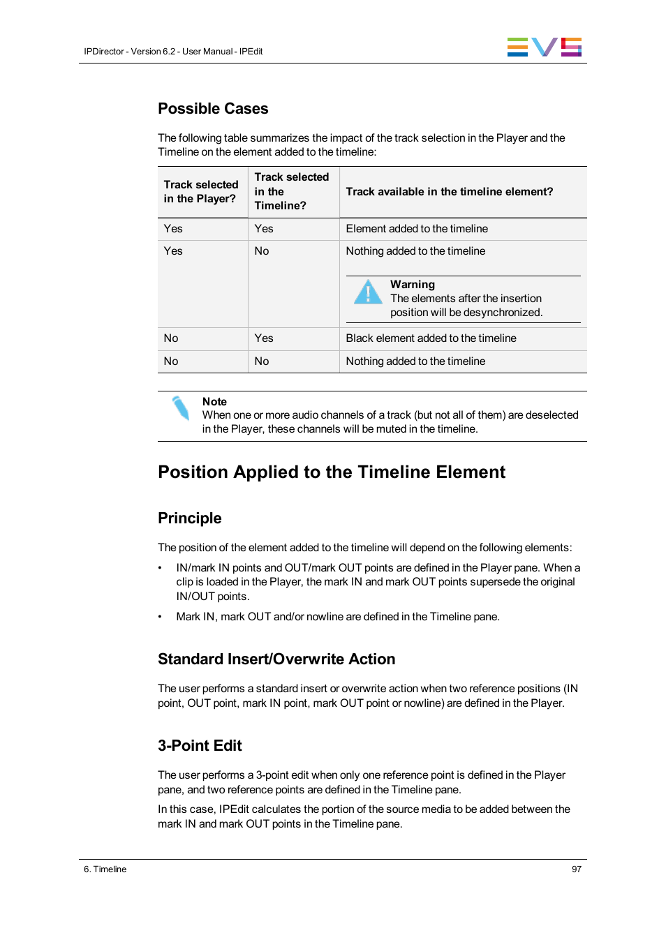 Position applied to the timeline element, Possible cases, Principle | Standard insert/overwrite action, Point edit | EVS IPDirector Version 6.2 - June 2013 IPEDIT User Manual User Manual | Page 109 / 264