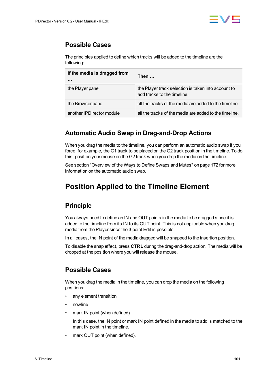 Position applied to the timeline element, Possible cases, Automatic audio swap in drag-and-drop actions | Principle | EVS IPDirector Version 6.2 - June 2013 IPEDIT User Manual User Manual | Page 113 / 264