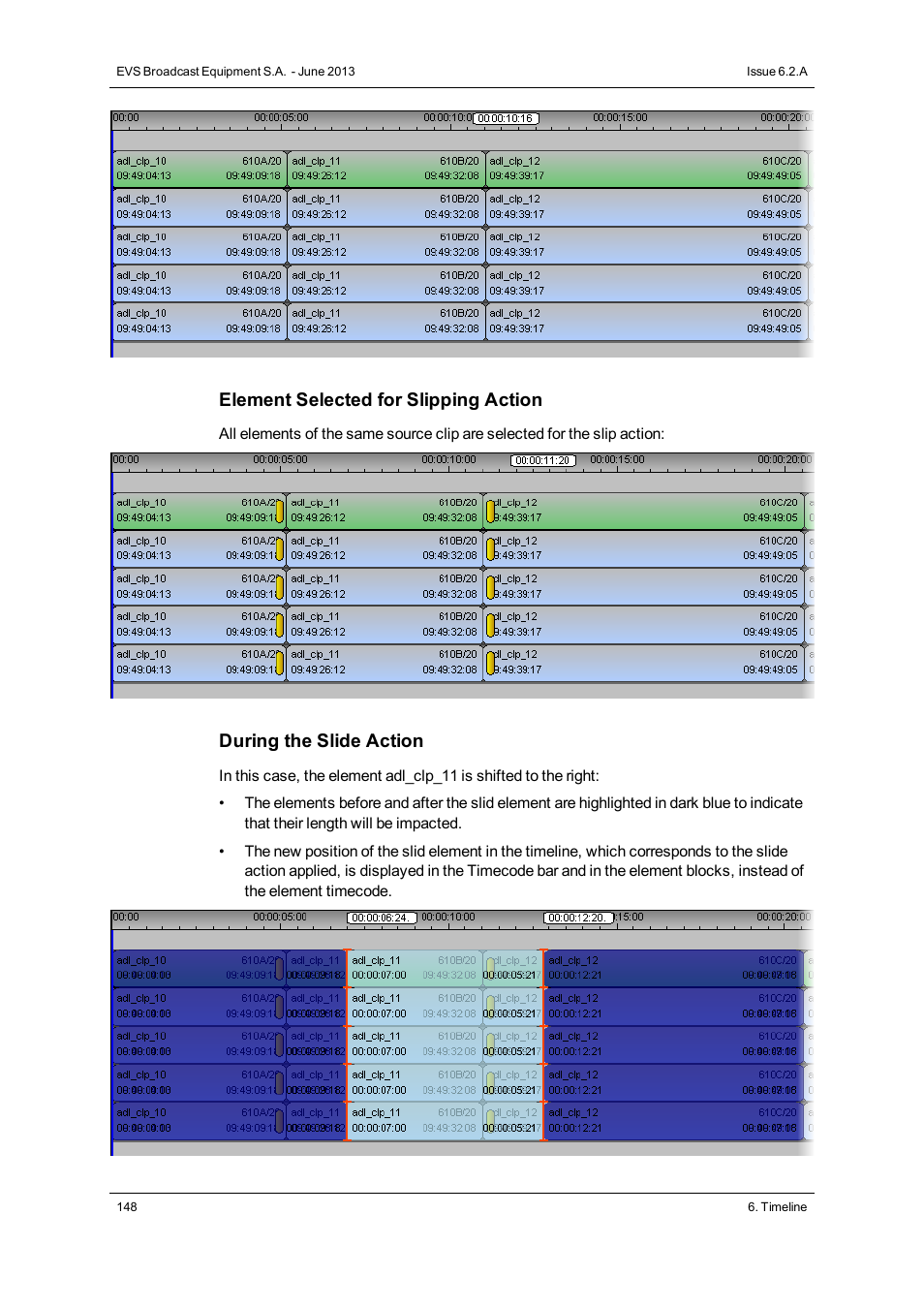 Element selected for slipping action, During the slide action | EVS IPDirector Version 6.2 - June 2013 IPEDIT User Manual User Manual | Page 160 / 264