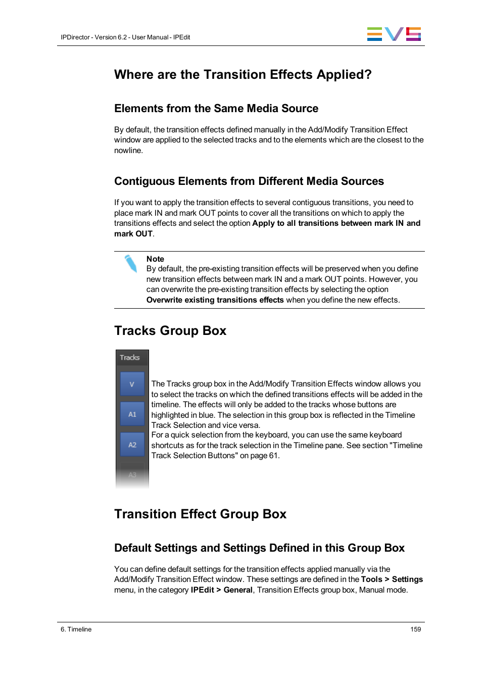 Where are the transition effects applied, Tracks group box, Transition effect group box | Elements from the same media source, Contiguous elements from different media sources | EVS IPDirector Version 6.2 - June 2013 IPEDIT User Manual User Manual | Page 171 / 264