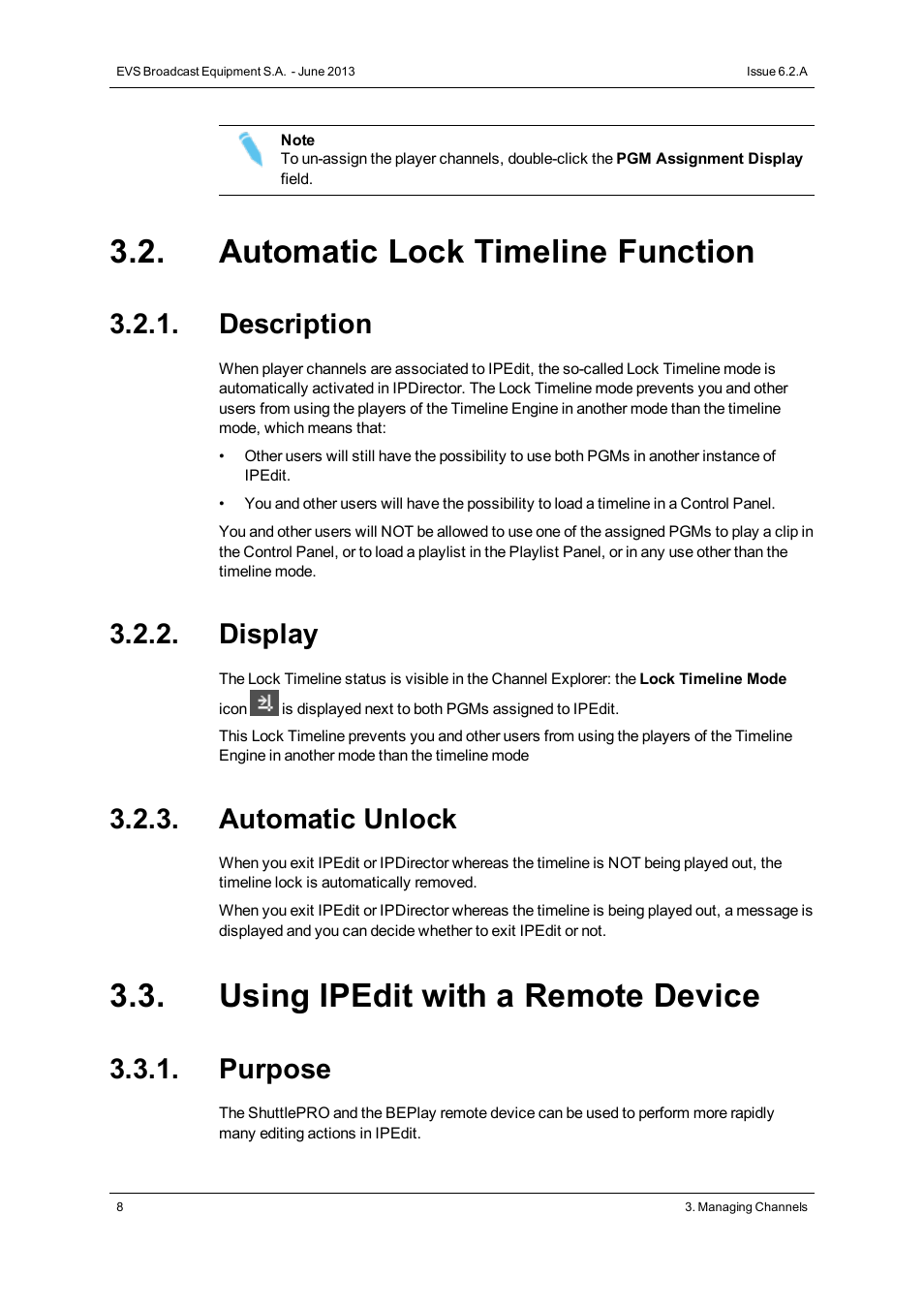 Automatic lock timeline function, Description, Display | Automatic unlock, Using ipedit with a remote device, Purpose | EVS IPDirector Version 6.2 - June 2013 IPEDIT User Manual User Manual | Page 20 / 264
