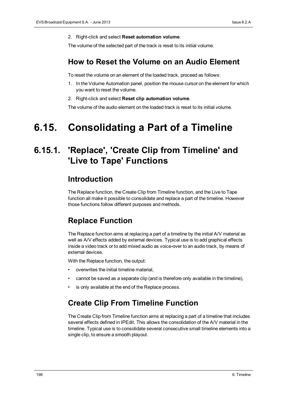 Consolidating a part of a timeline, How to reset the volume on an audio element, Introduction | Replace function, Create clip from timeline function | EVS IPDirector Version 6.2 - June 2013 IPEDIT User Manual User Manual | Page 210 / 264